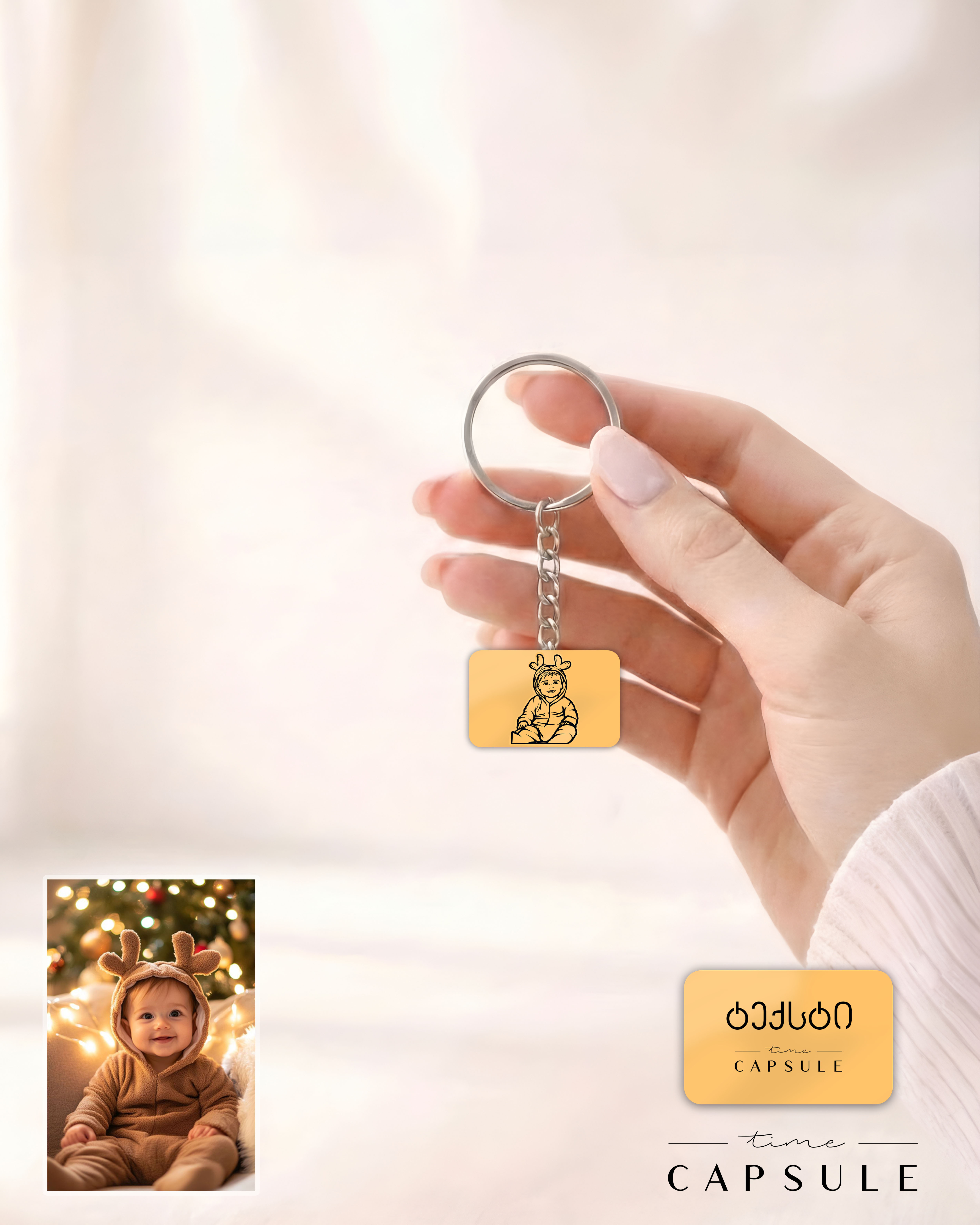 1 პერსონიანი მოოქროვილი ვერცხლის ბრელოკი ფოტოპორტრეტიდან გრავირება უკან მართკუთხედ ფირფიტაზე