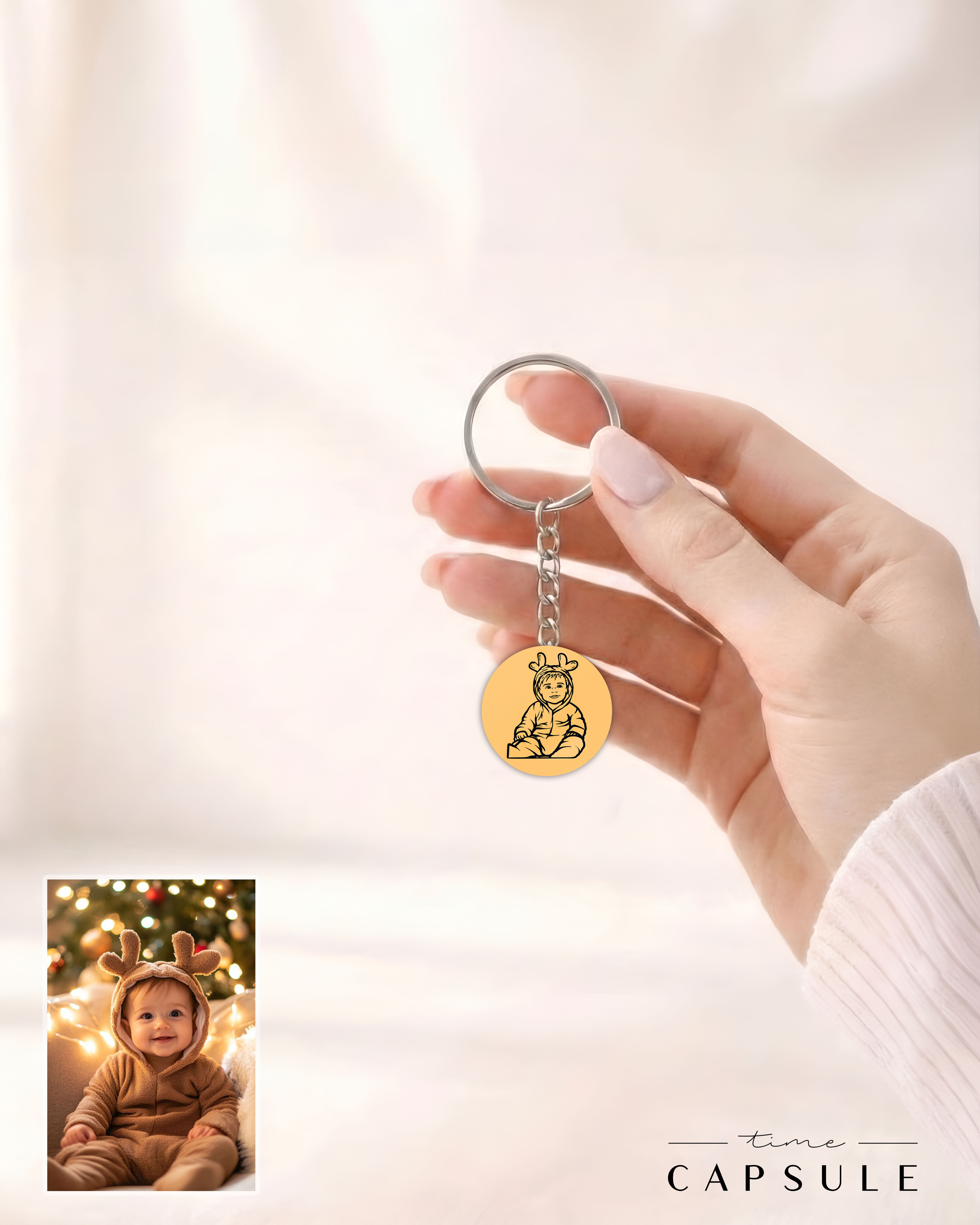 1 პერსონიანი მხოლოდ ვერცხლის ბრელოკი ფოტოპორტრეტიდან მოოქროვებული მრგვალ ფირფიტაზე