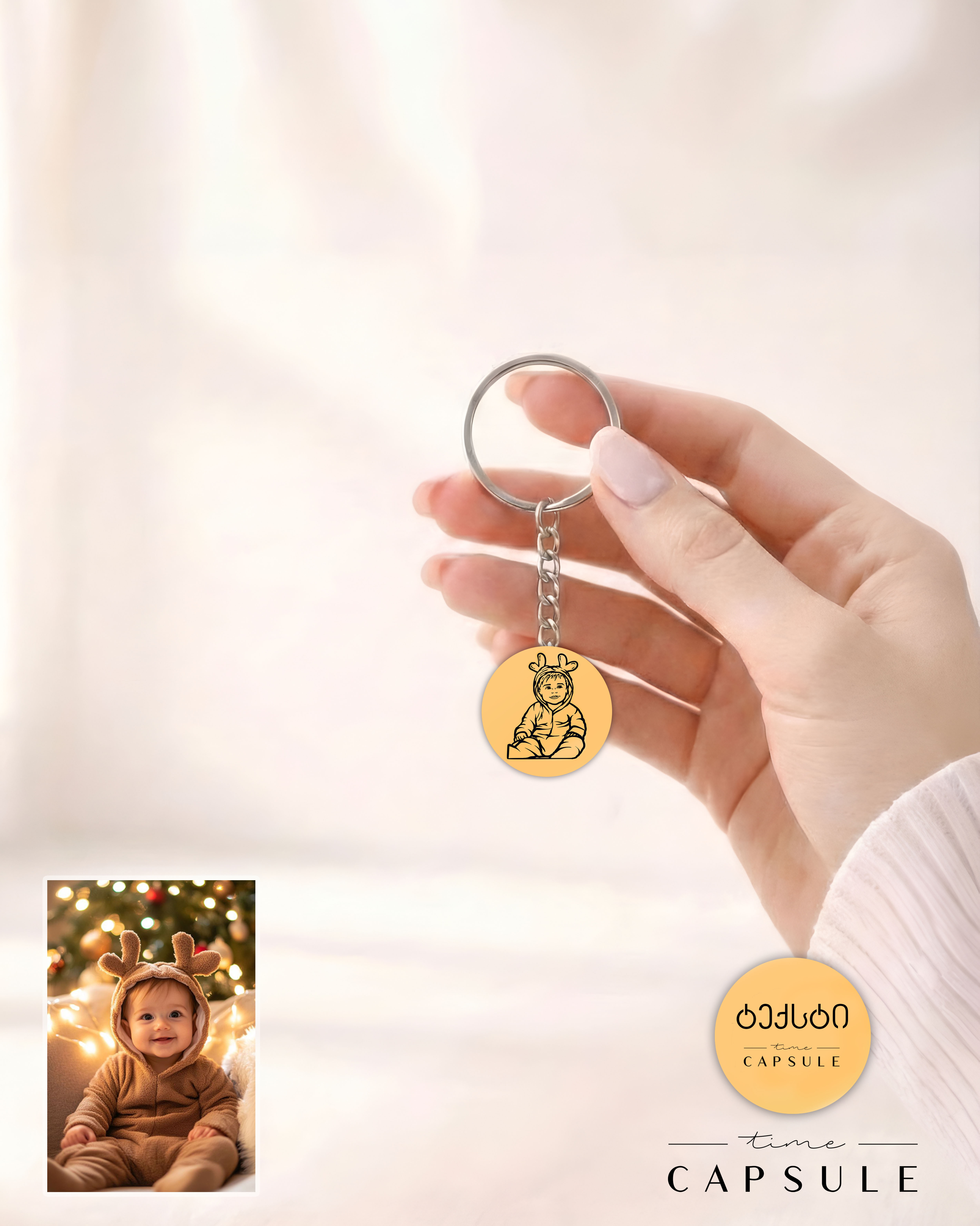 1 პერსონიანი მხოლოდ ვერცხლის ბრელოკი ფოტოპორტრეტიდან მოოქროვება მრგვალ ფირფიტაზე,გრავირებით