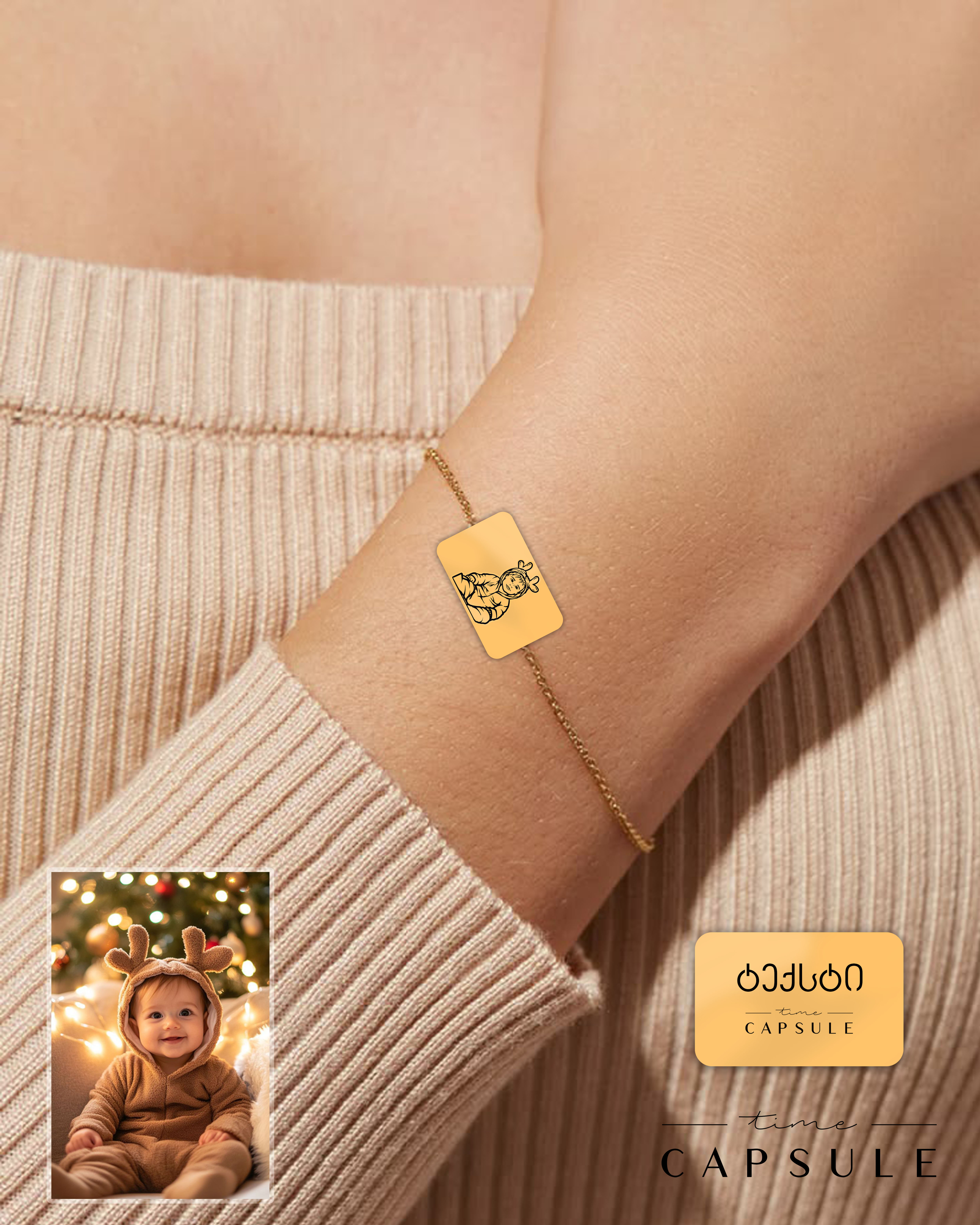 1 პერსონიანი მოოქროვილი ვერცხლის სამაჯური ფოტოპორტრეტიდან გრავირება უკან მართკუთხედ ფირფიტაზე