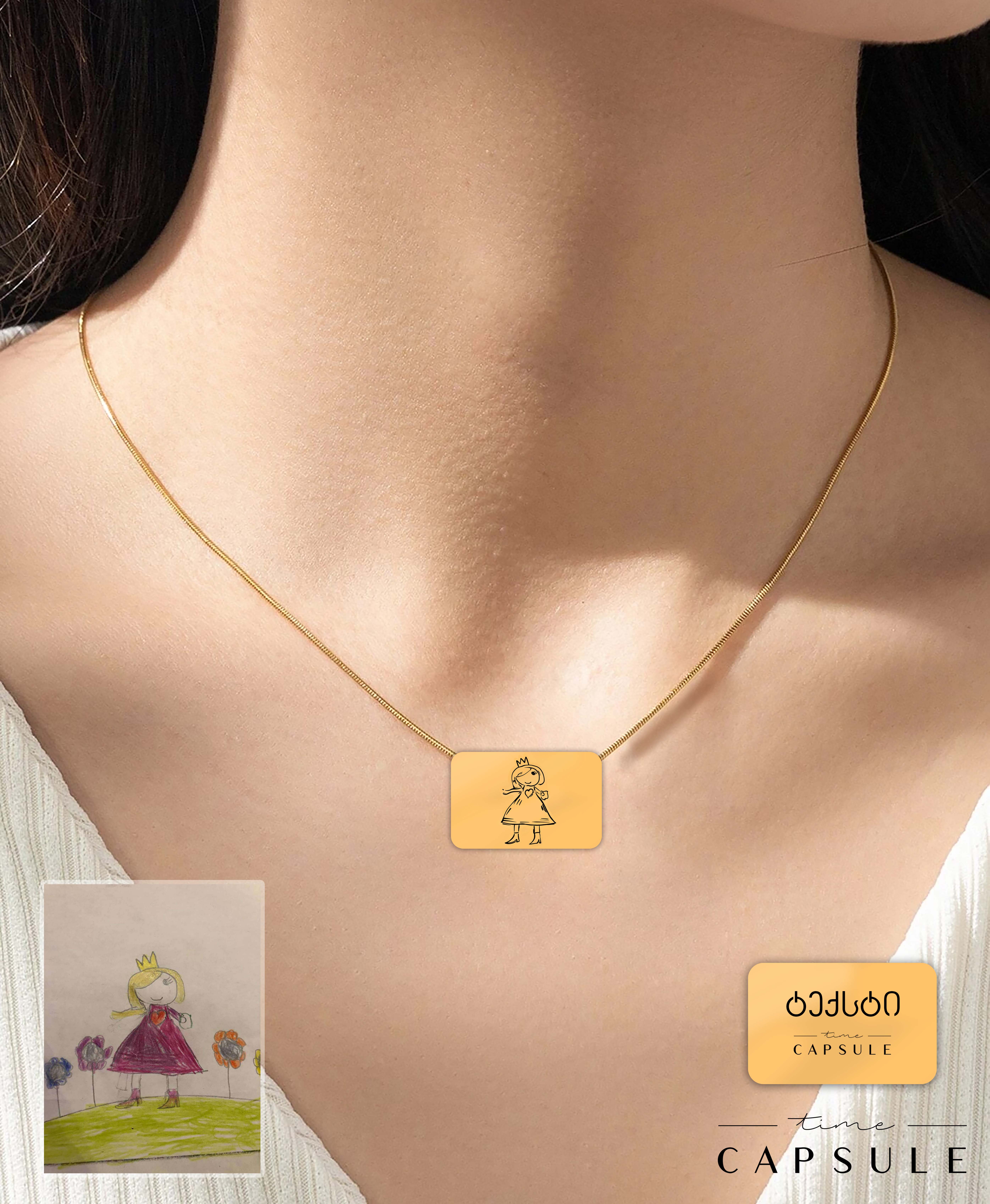 1 პერსონიანი მოოქროვილი ვერცხლის კულონი ნახატიდან გრავირება უკან მართკუთხედ ფირფიტაზე