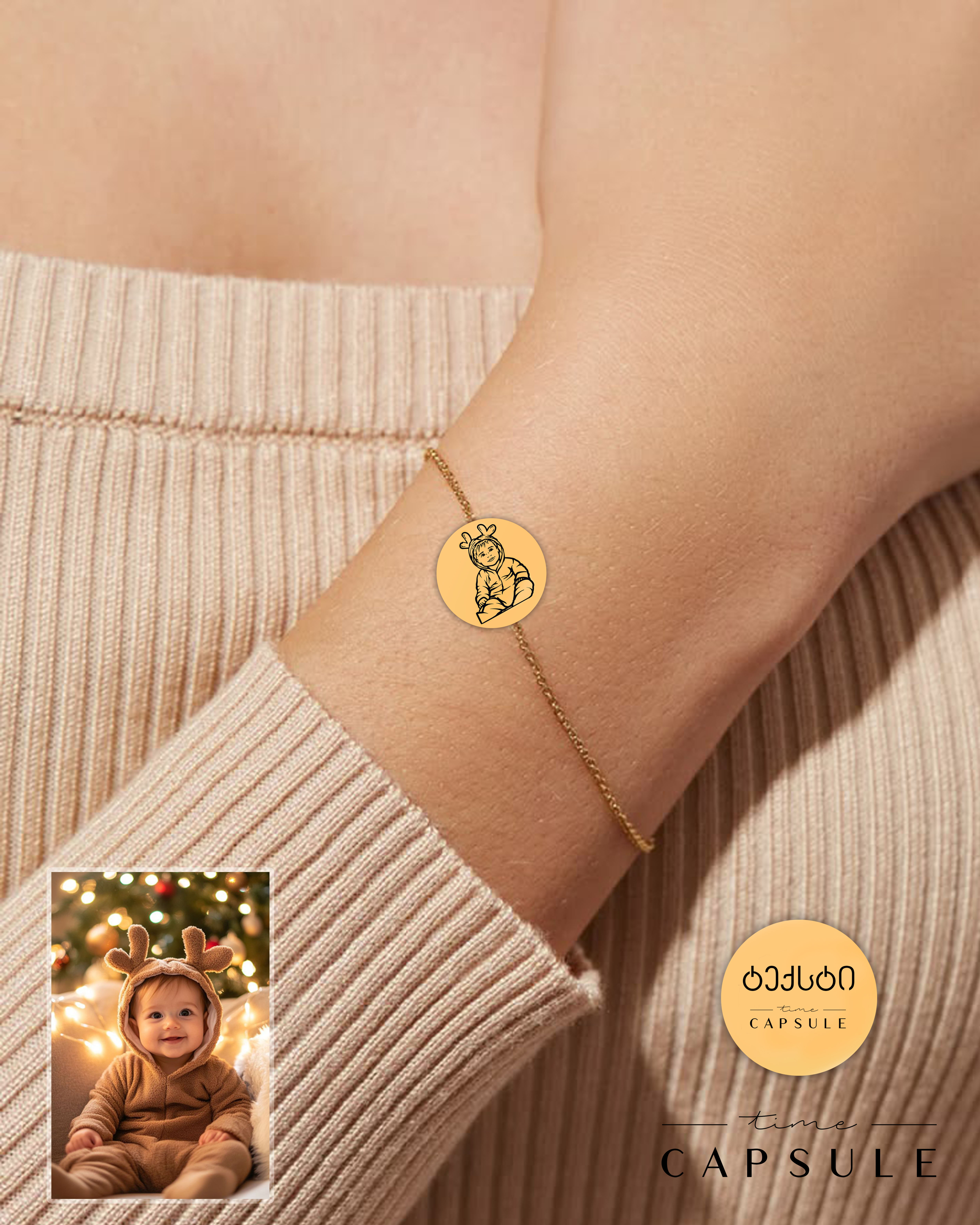 1 პერსონიანი მხოლოდ ვერცხლის სამაჯური ფოტოპორტრეტიდან მოოქროვება მრგვალ ფირფიტაზე, გრავირებით