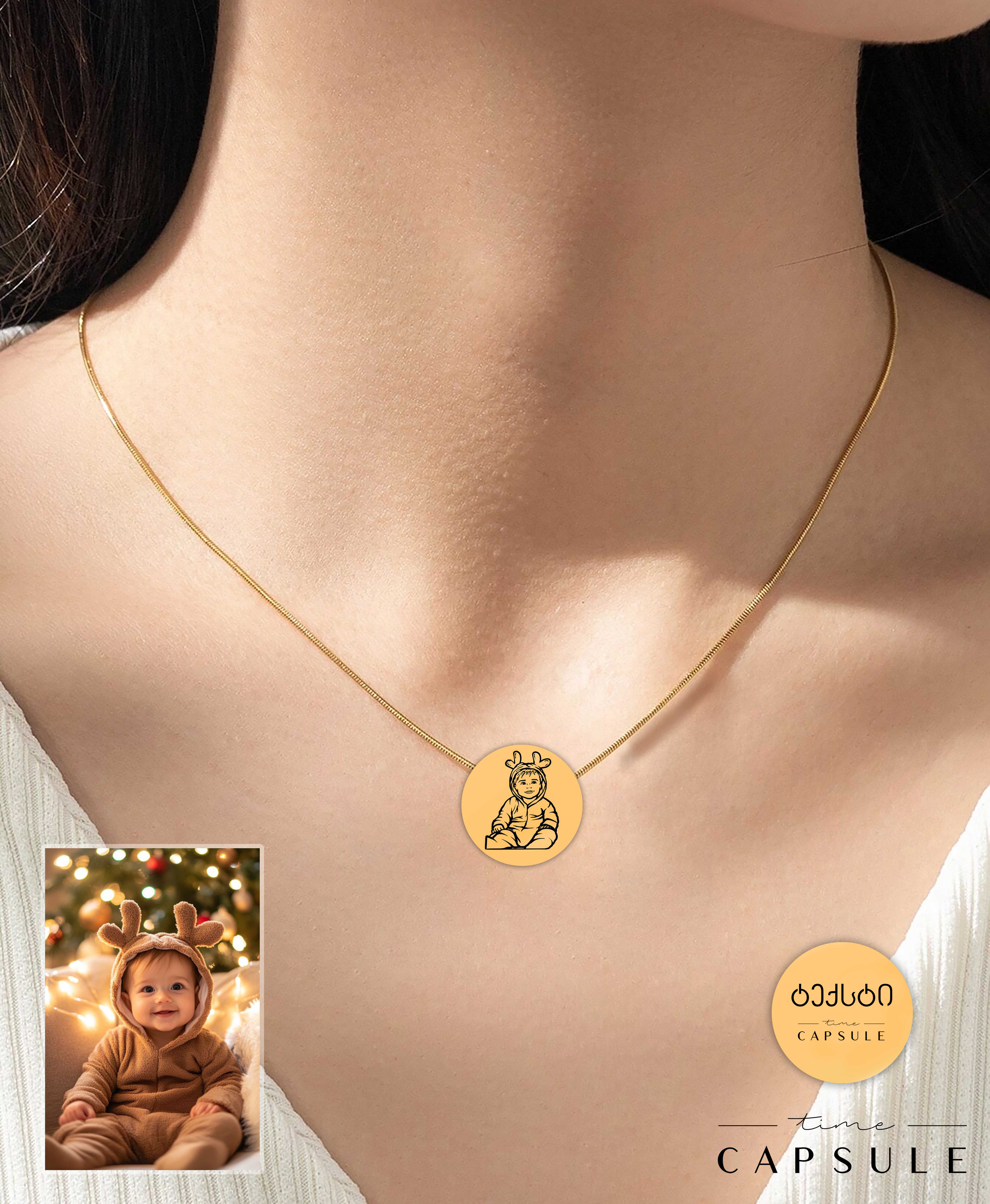 1 პერსონიანი მოოქროვილი ვერცხლის კულონი ფოტოპორტრეტიდან გრავირება უკან მრგვალ ფირფიტაზე