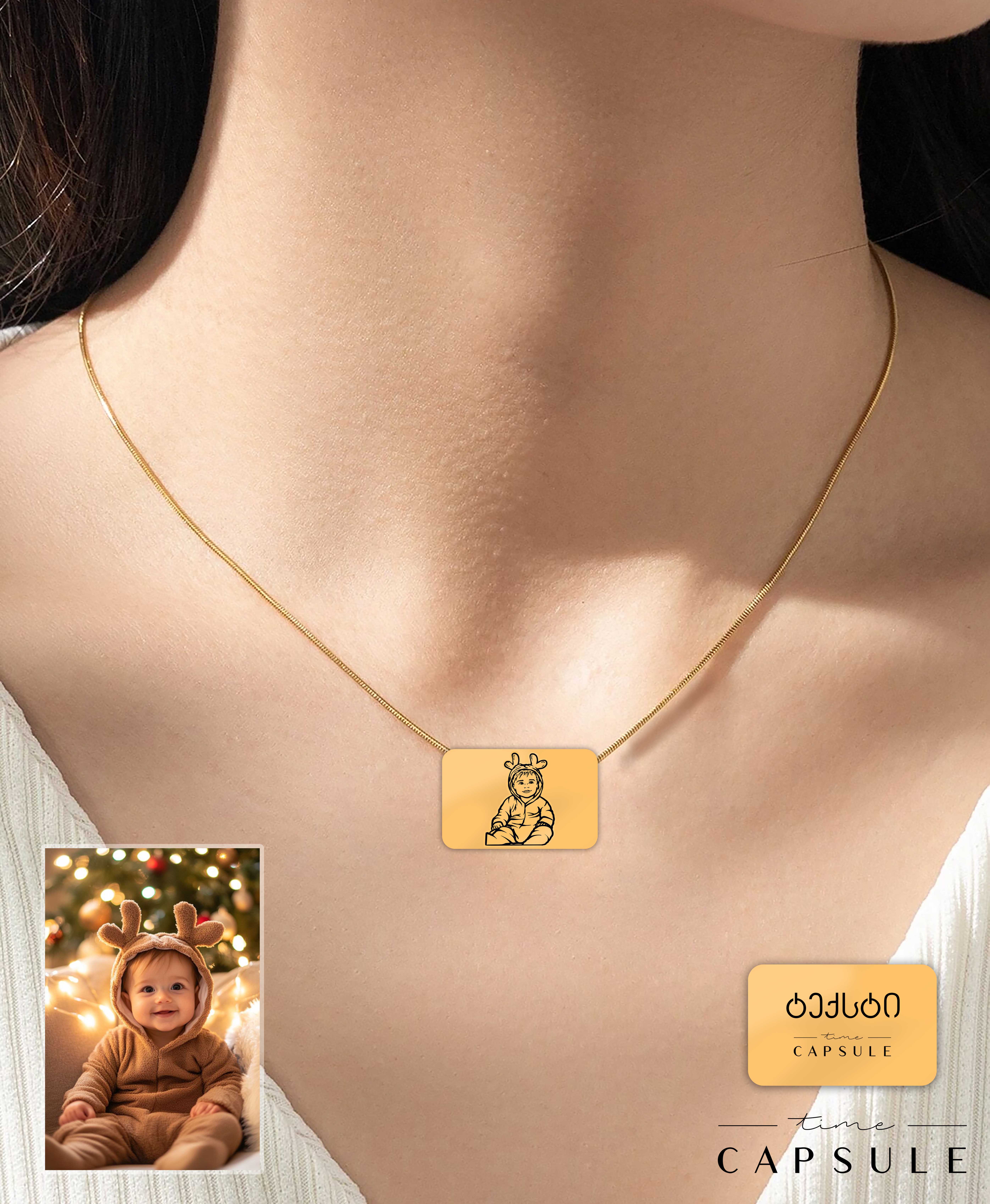 1 პერსონიანი მოოქროვილი ვერცხლის კულონი ფოტოპორტრეტიდან გრავირება უკან მართკუთხედ ფირფიტაზე