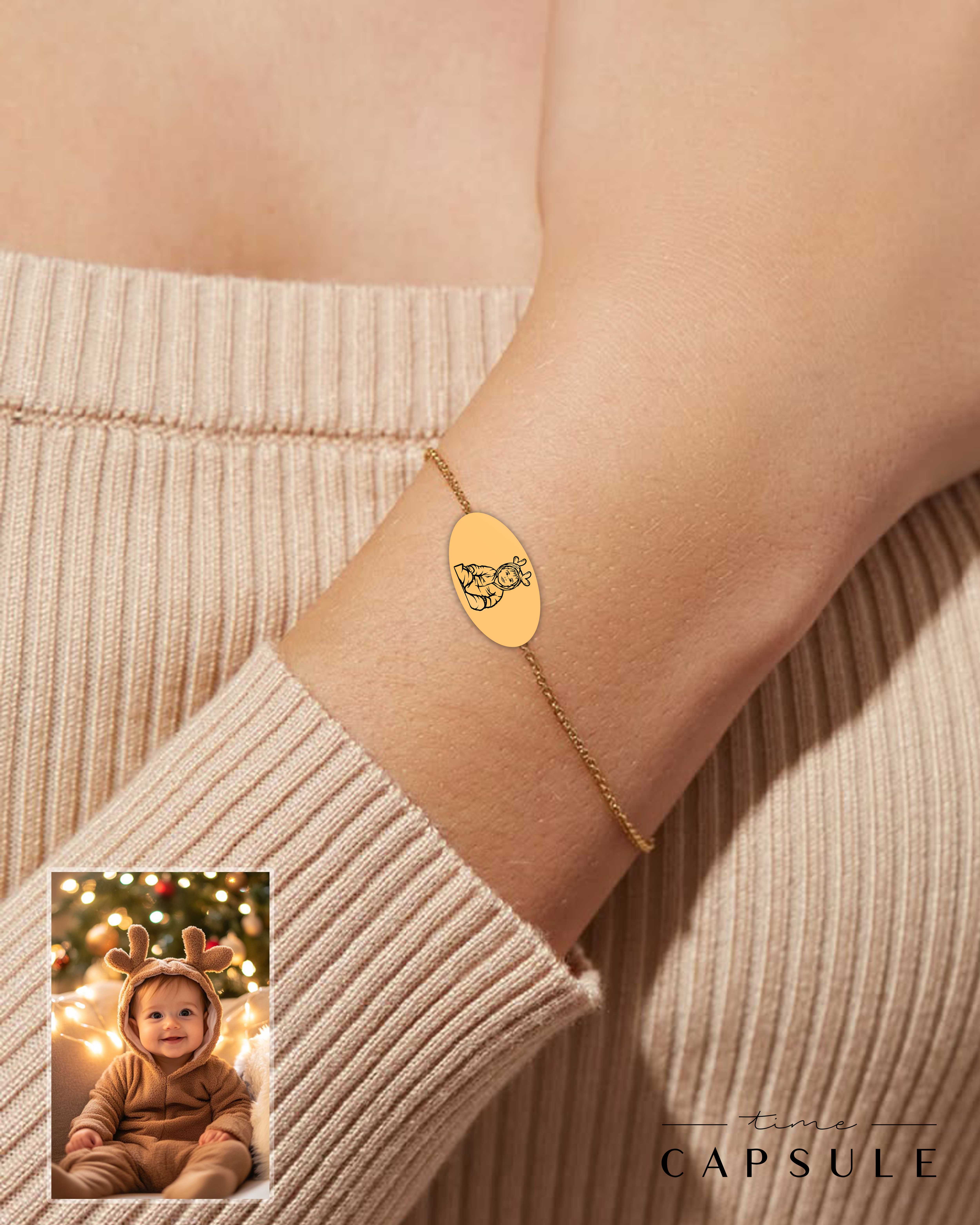 1 პერსონიანი მხოლოდ ვერცხლის სამაჯური ფოტოპორტრეტიდან მოოქროვებული ოვალურ ფირფიტაზე