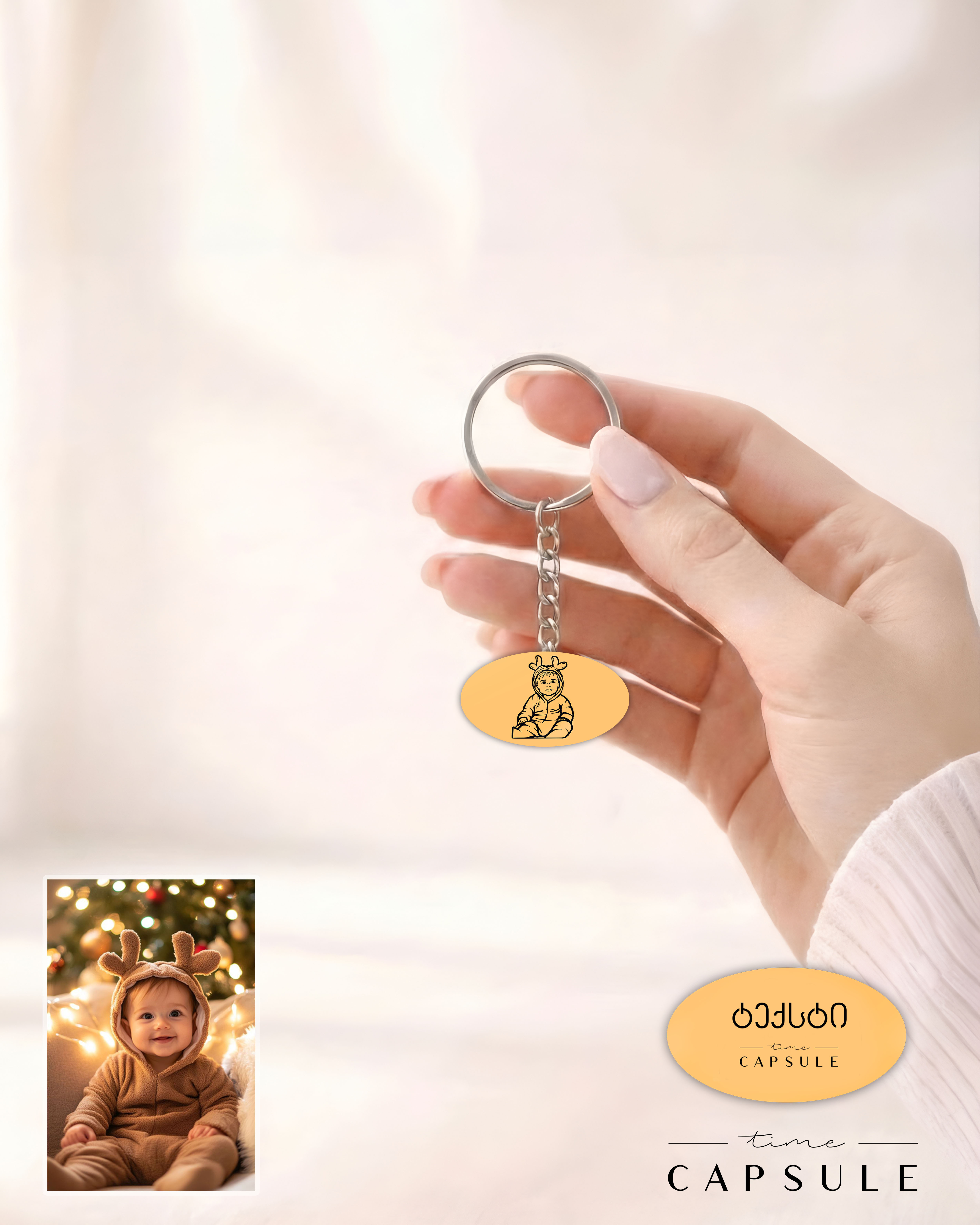 1 პერსონიანი მხოლოდ ვერცხლის ბრელოკი ფოტოპორტრეტიდან მოოქროვება ოვალურ ფირფიტაზე, უკან გრავირება