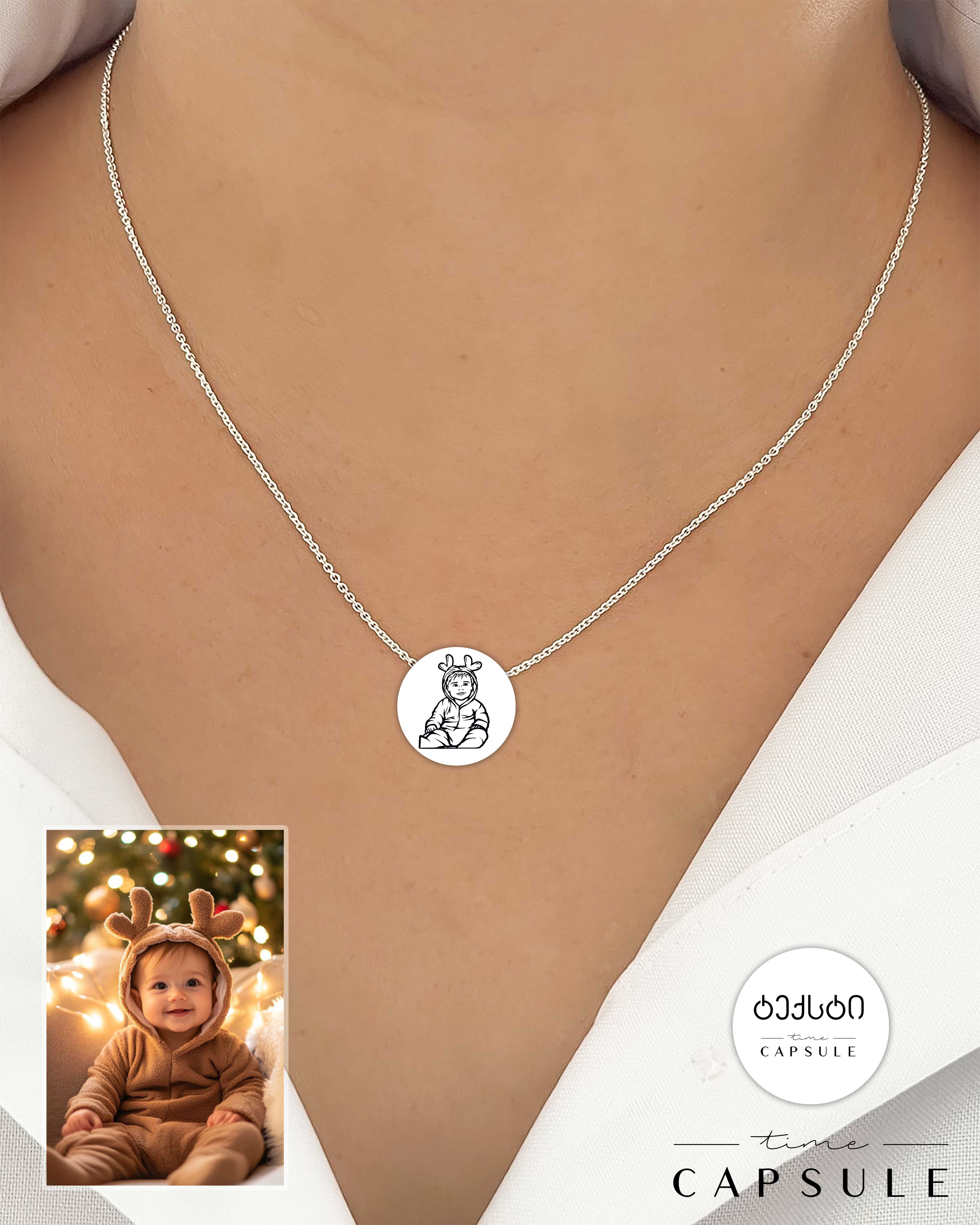 1 პერსონიანი მხოლოდ ვერცხლის კულონი ფოტოპორტრეტიდან გრავირება უკან მრგვალ ფირფიტაზე