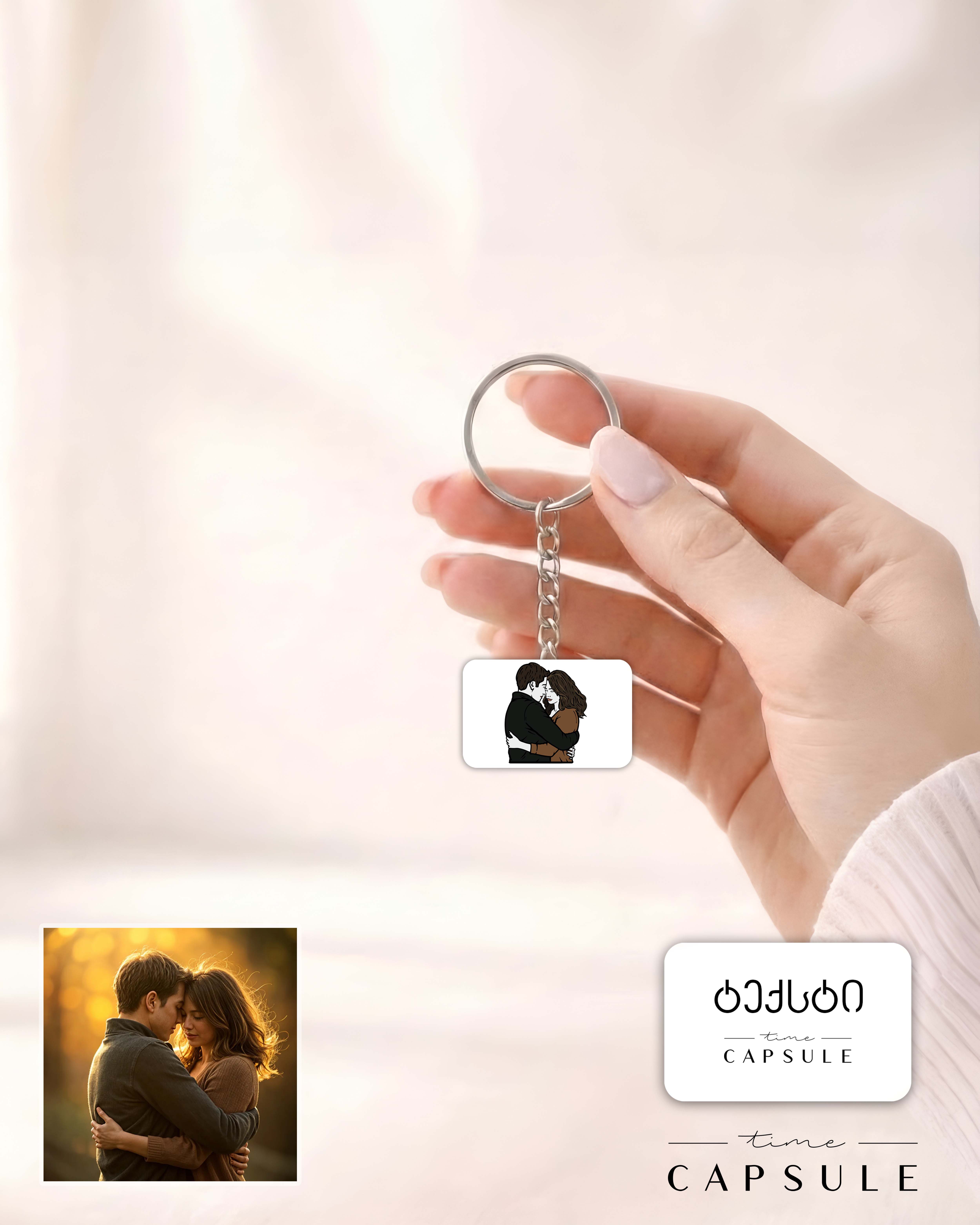 2 პერსონიანი ფერადი ბრელოკი ფოტოპორტრეტიდან მრგვალ ფირფიტაზე, გრავირებით