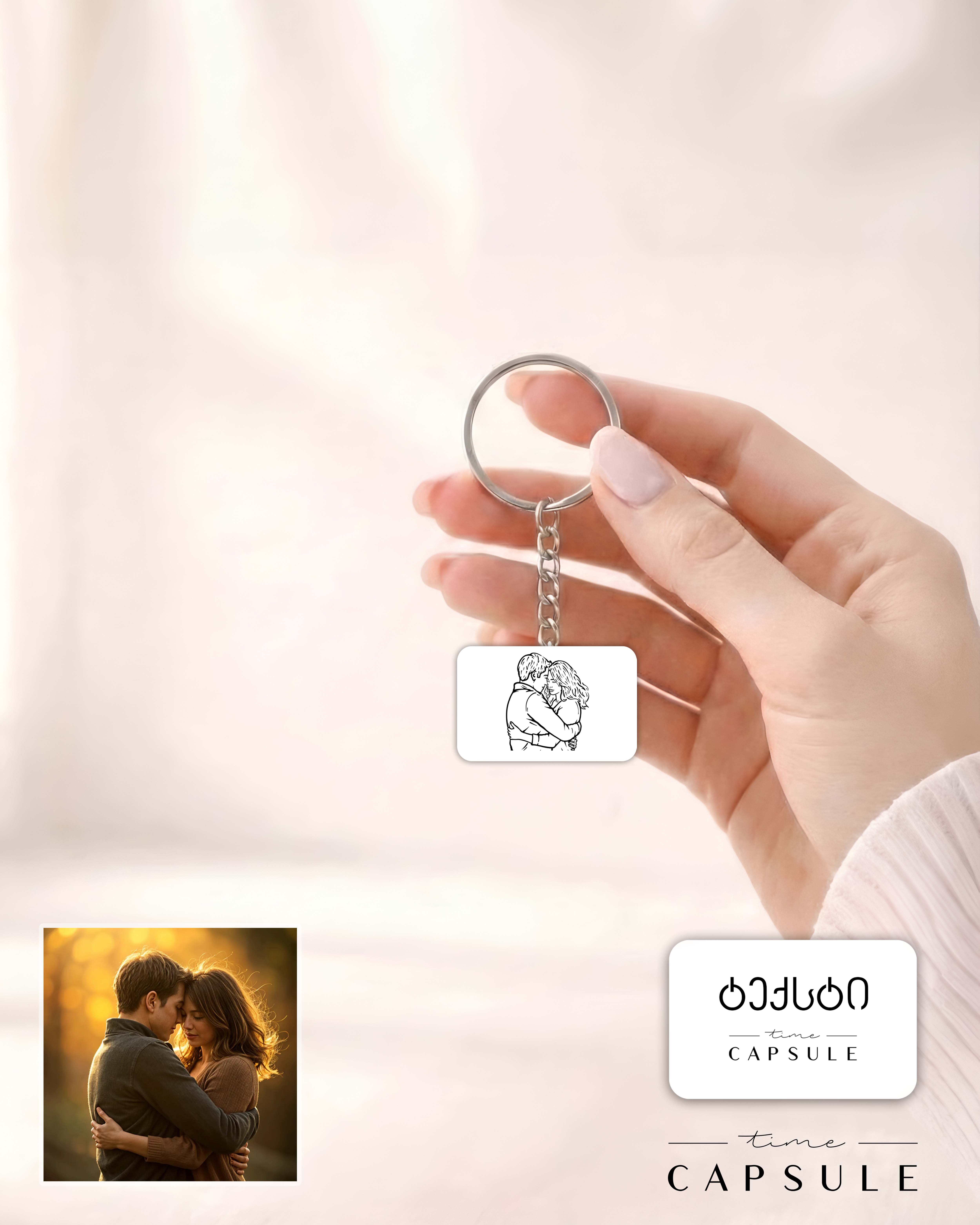 2 პერსონიანი მხოლოდ ვერცხლის ბრელოკი ფოტოპორტრეტიდან გრავირება უკან მართკუთხედ ფირფიტაზე