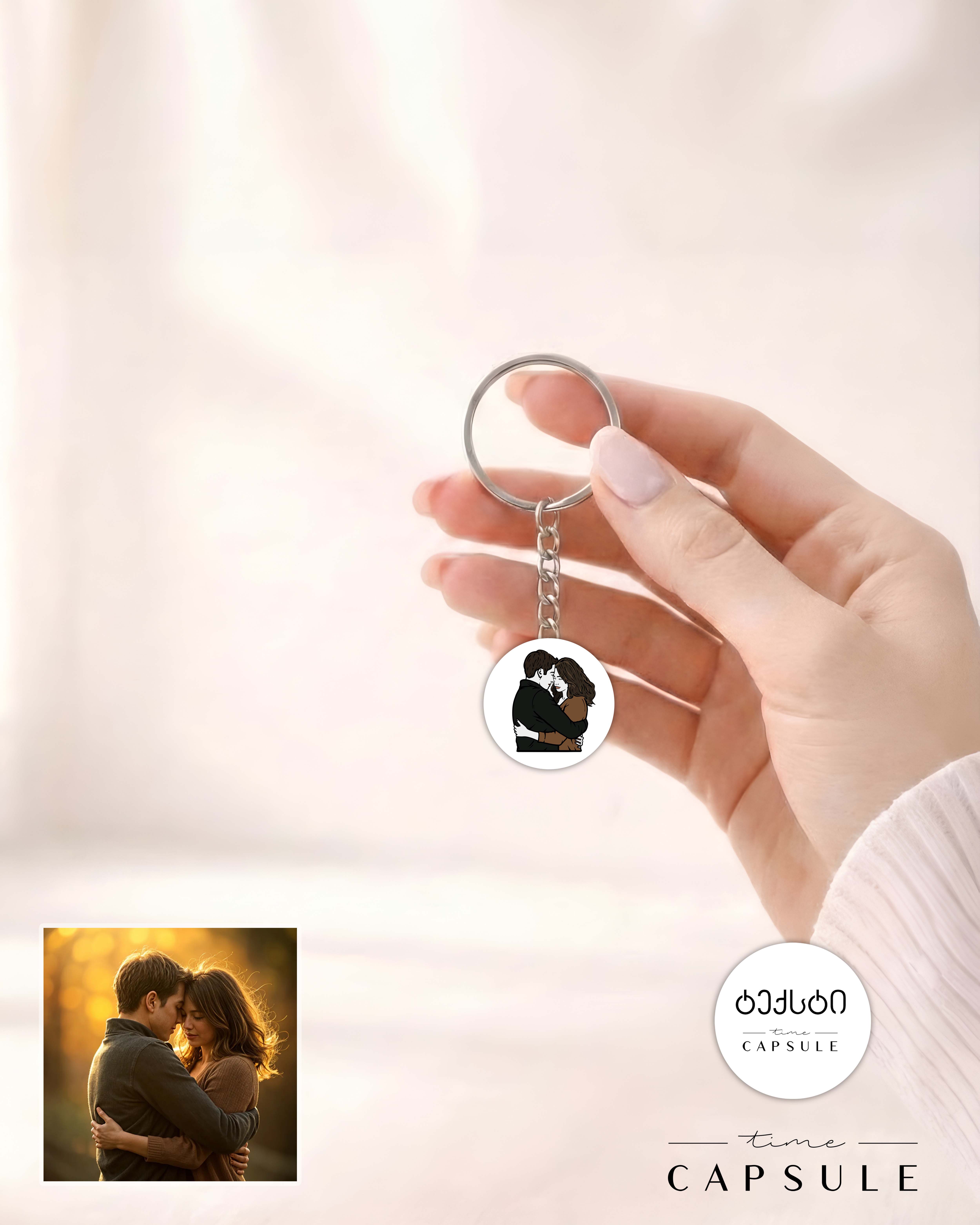 2 პერსონიანი ფერადი ბრელოკი ფოტოპორტრეტიდან მრგვალ ფირფიტაზე, გრავირებით