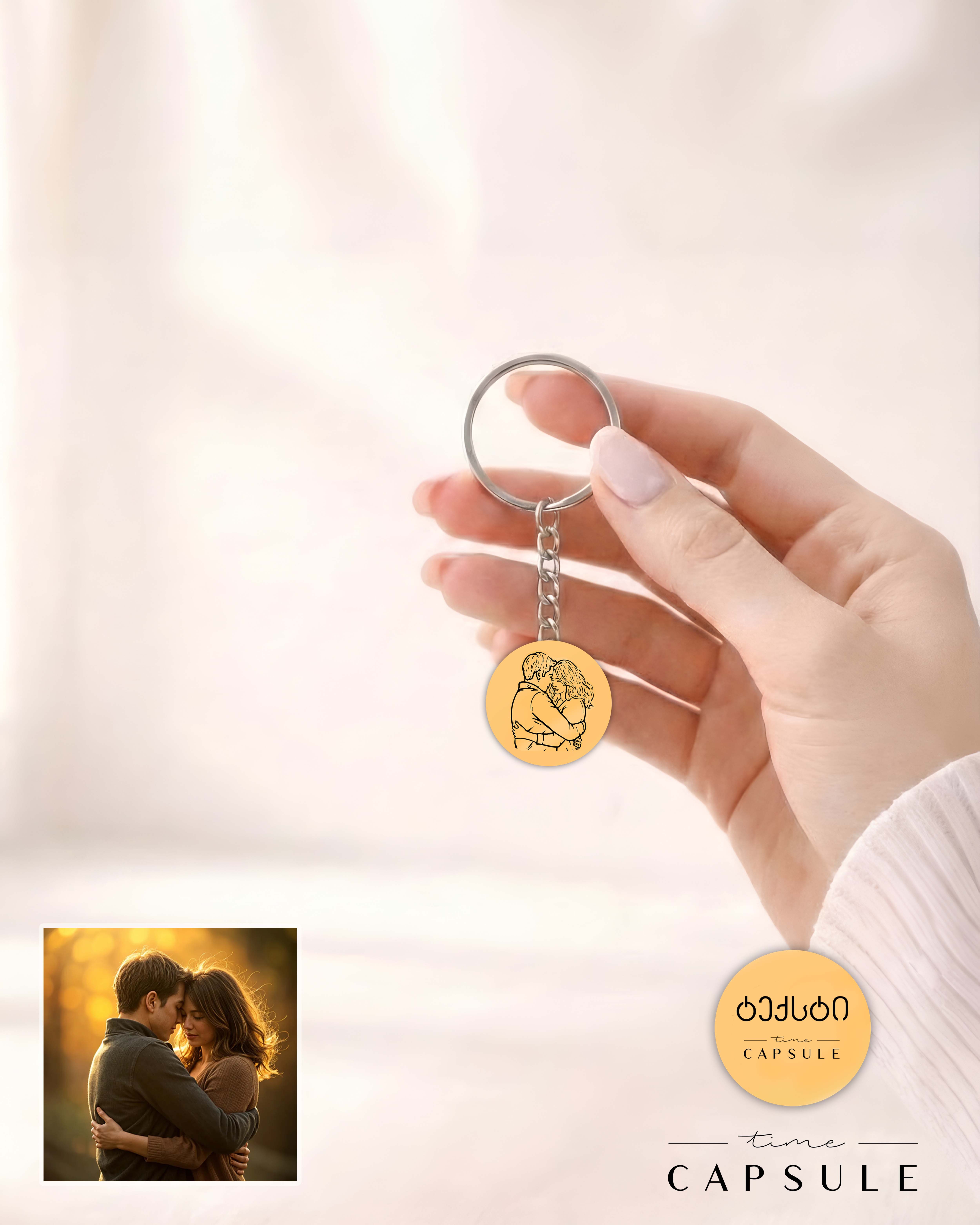 2 პერსონიანი მხოლოდ ვერცხლის ბრელოკი ფოტოპორტრეტიდან მოოქროვება მრგვალ ფირფიტაზე,გრავირებით