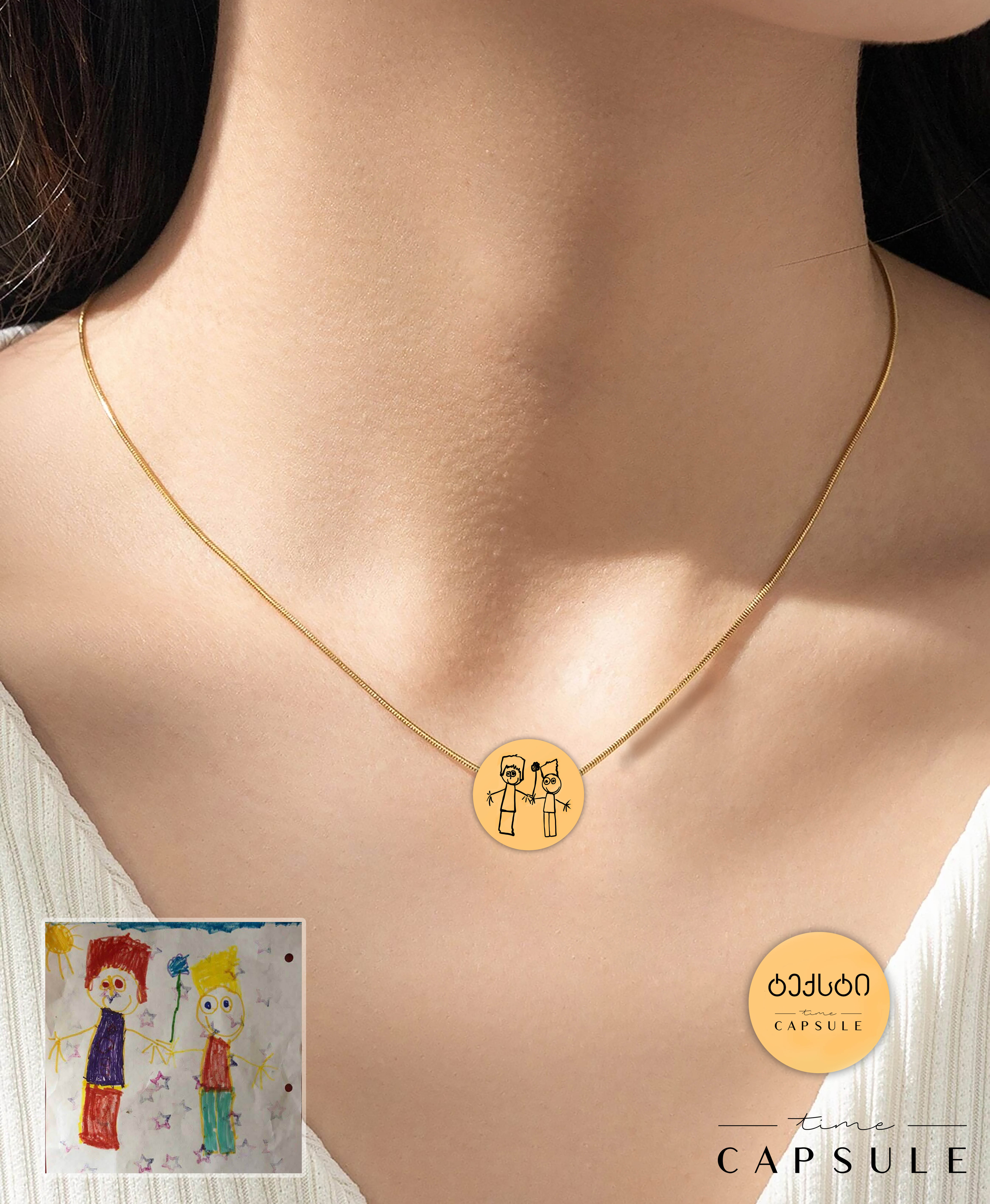 2 პერსონიანი მოოქროვილი ვერცხლის კულონი ნახატიდან გრავირება უკან მრგვალ ფირფიტაზე