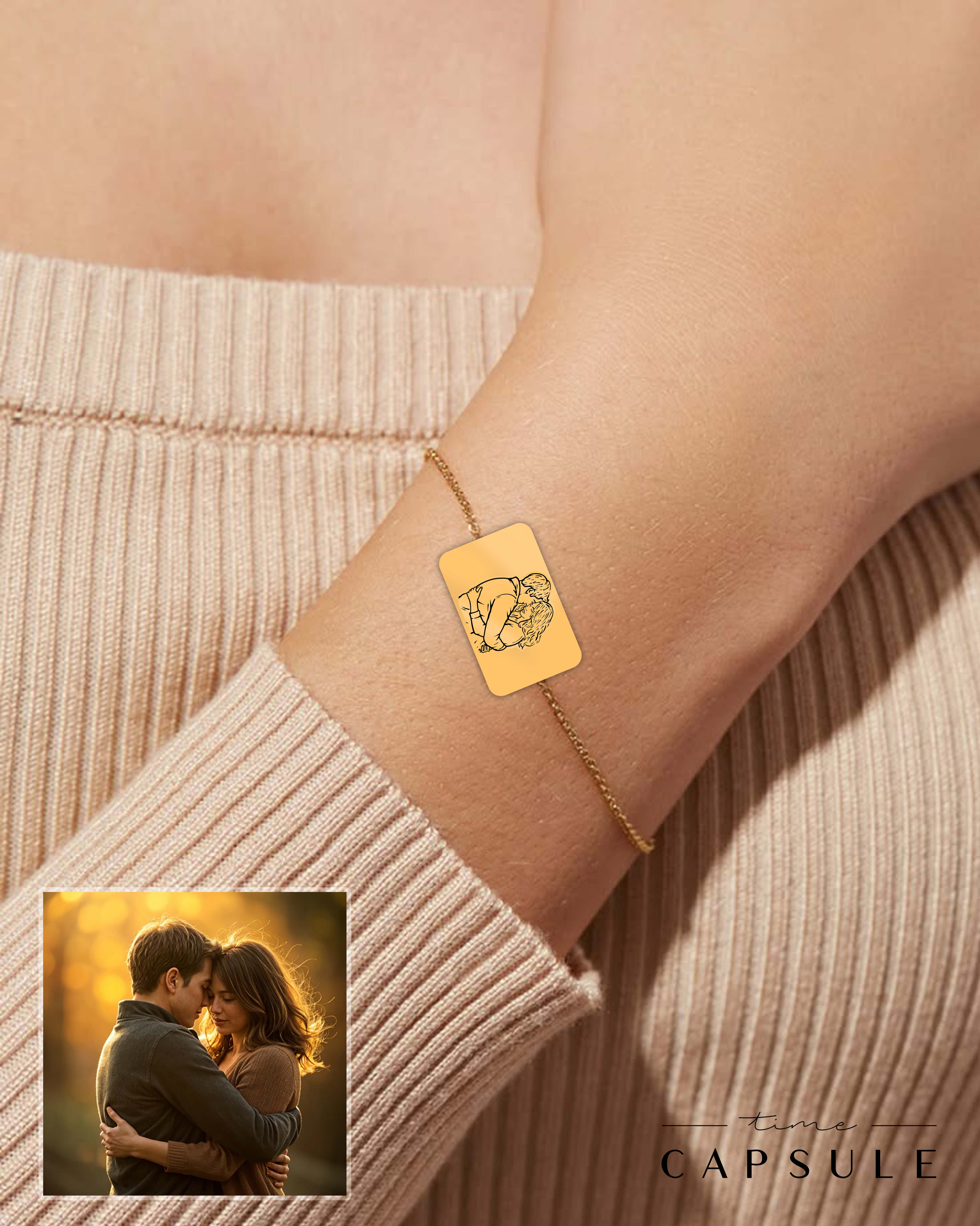 2 პერსონიანი მხოლოდ ვერცხლის სამაჯური ფოტოპორტრეტიდან მოოქროვება მართკუთხედ ფირფიტაზე