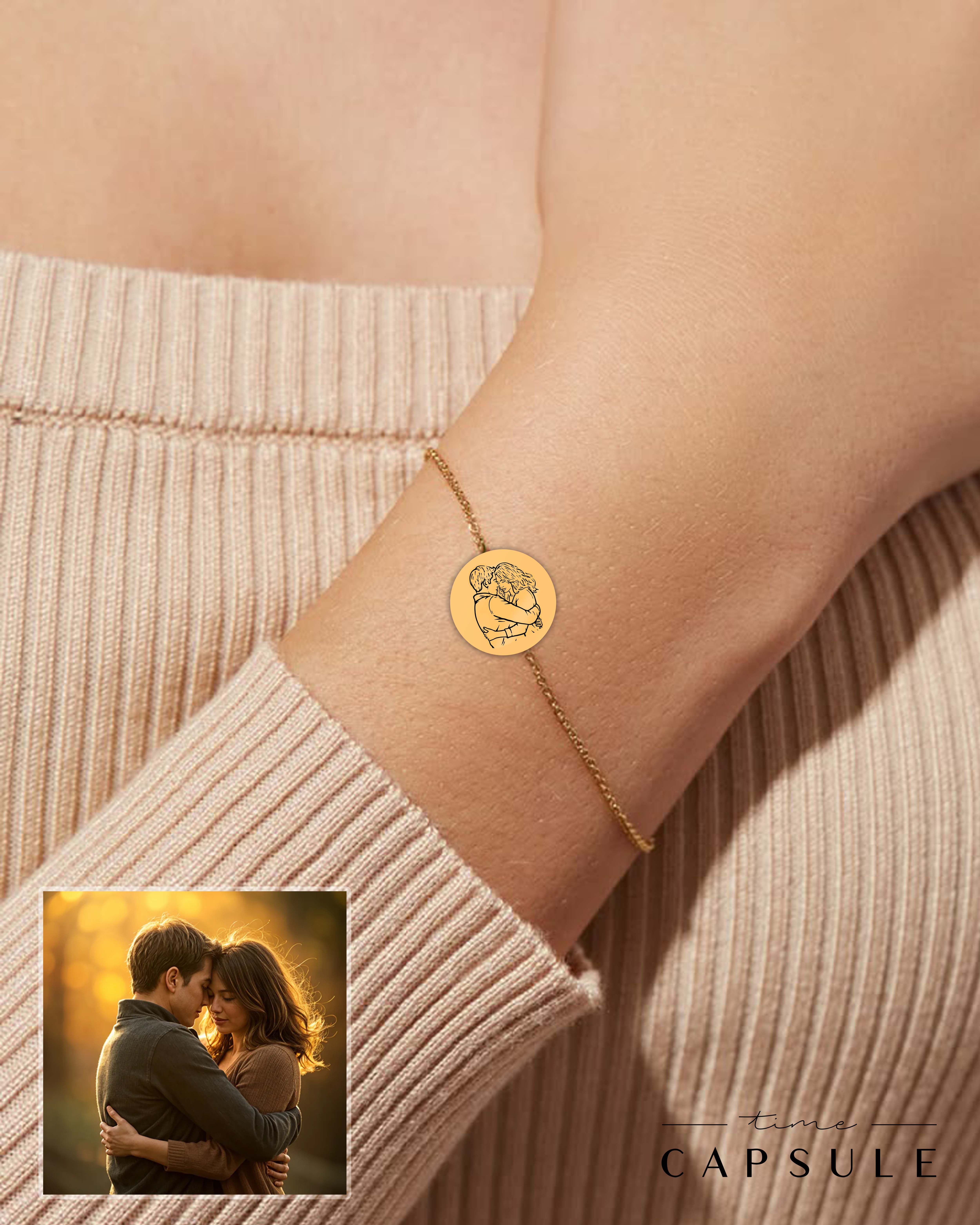 2 პერსონიანი მხოლოდ ვერცხლის სამაჯური ფოტოპორტრეტიდან მოოქროვება მრგვალ ფირფიტაზე