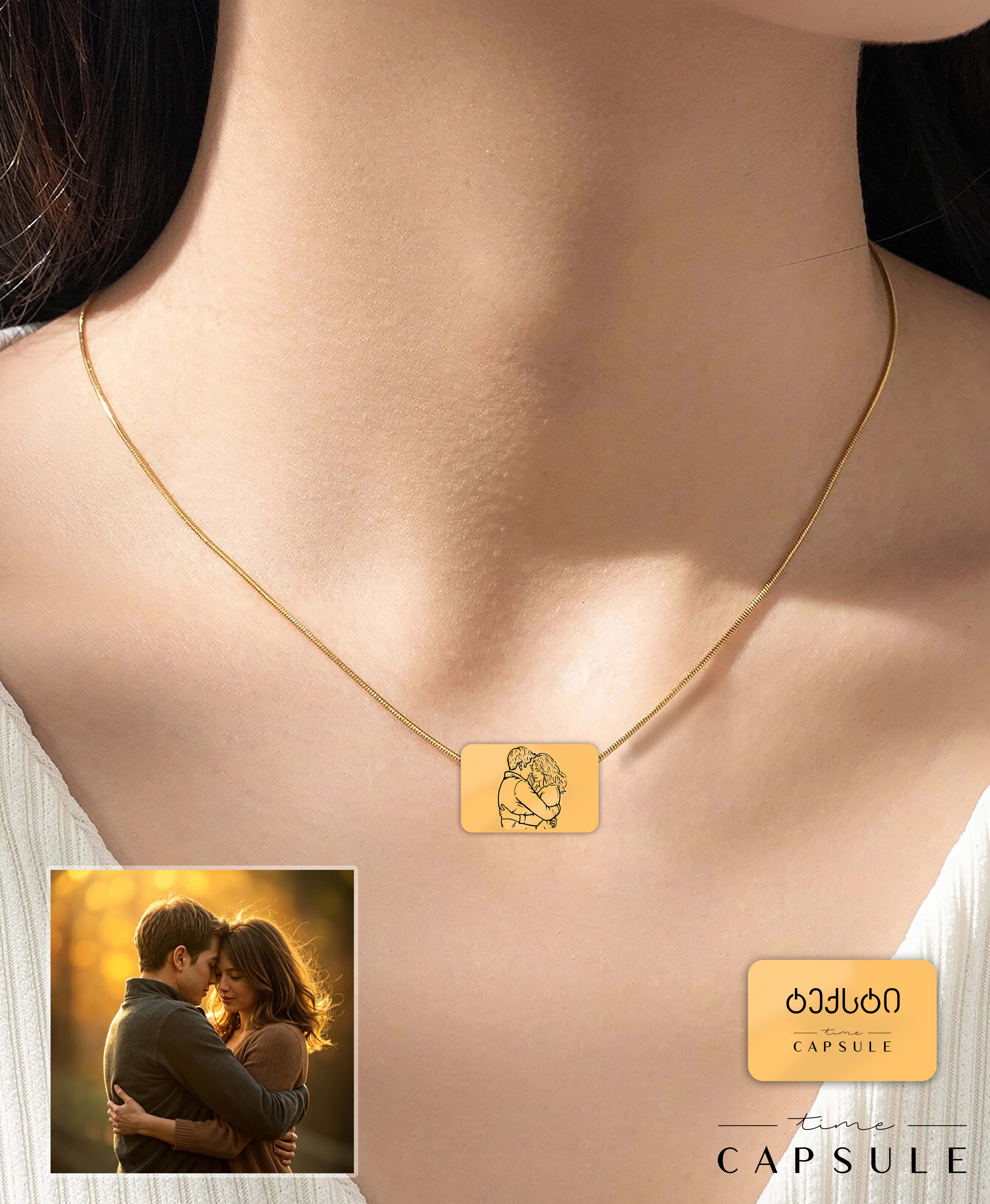 2 პერსონიანი მოოქროვილი ვერცხლის კულონი ფოტოპორტრეტიდან გრავირება უკან მართკუთხედ ფირფიტაზე