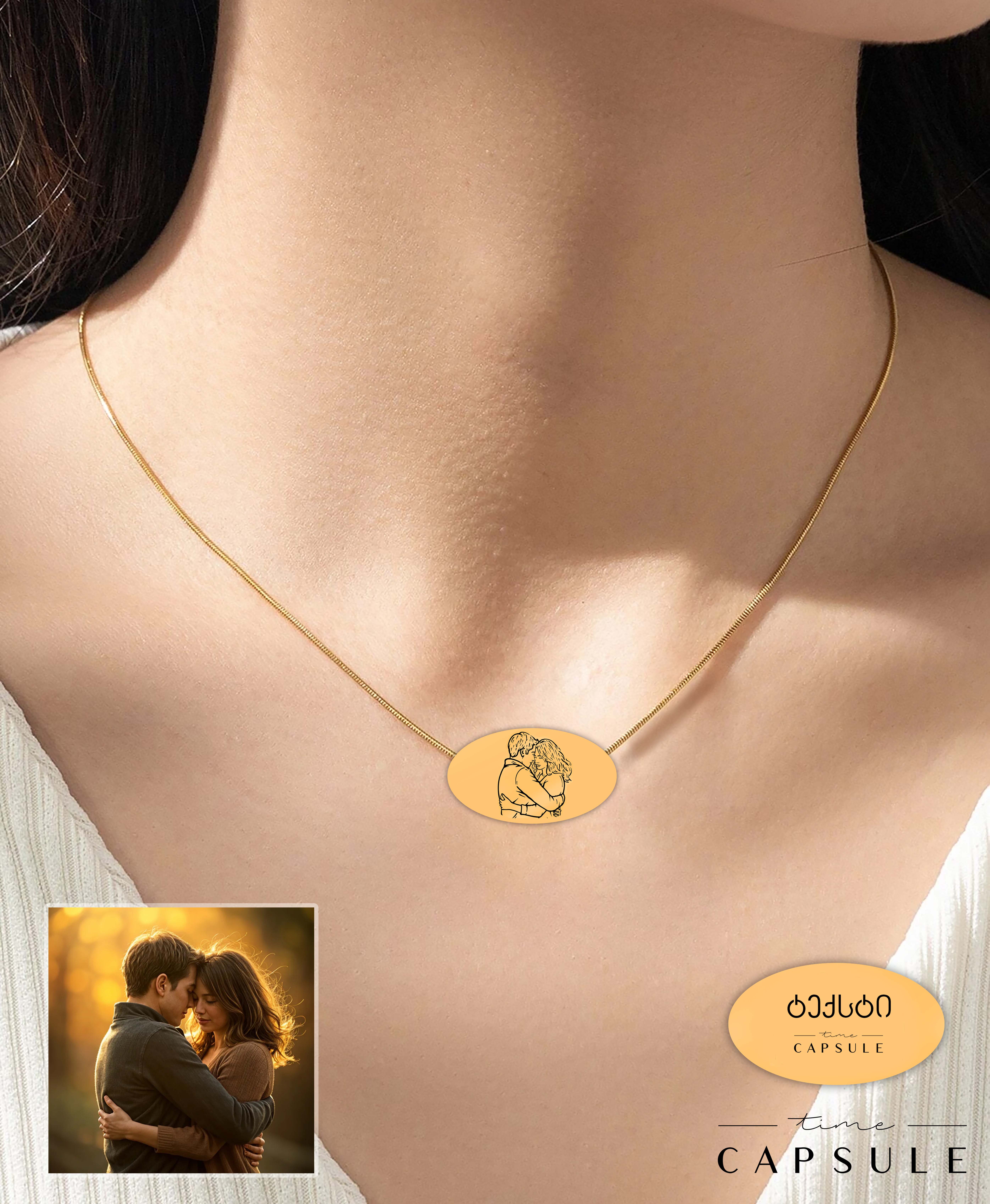 2 პერსონიანი მხოლოდ ვერცხლის კულონი ფოტოპორტრეტიდან მოოქროვება ოვალურ ფირფიტაზე, უკან გრავირება