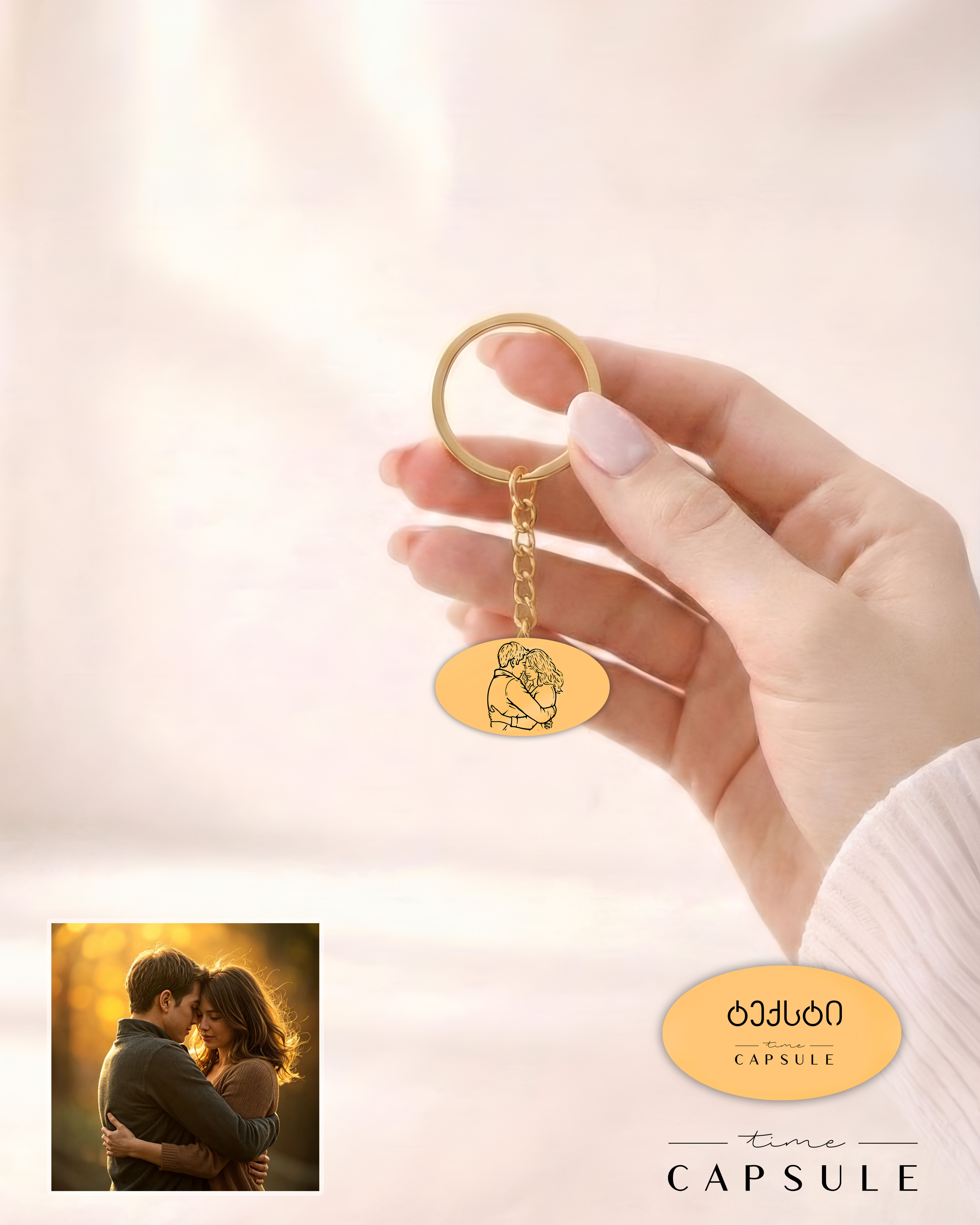 2 პერსონიანი მხოლოდ ვერცხლის ბრელოკი ფოტოპორტრეტიდან მოოქროვება ოვალურ ფირფიტაზე, უკან გრავირება