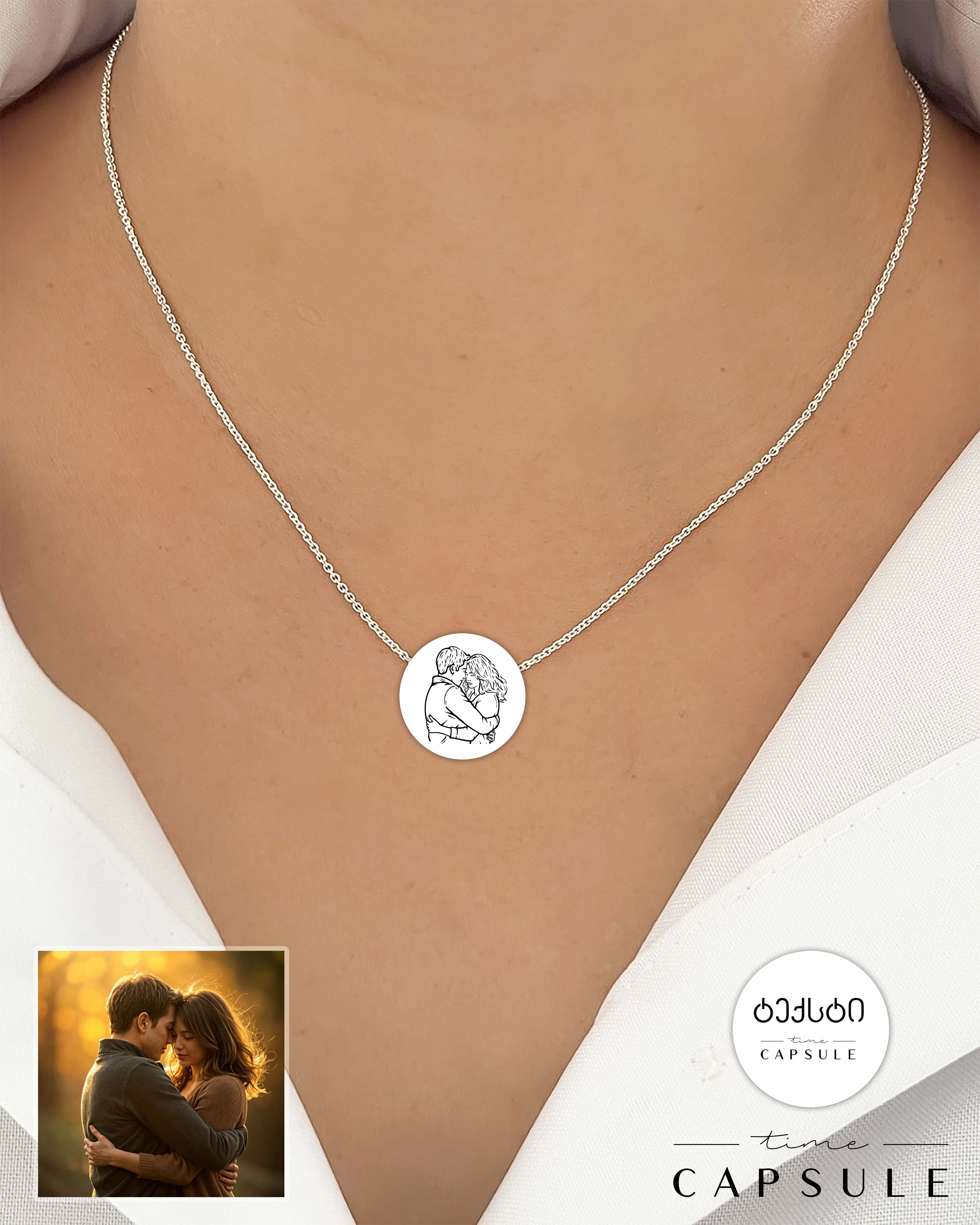 2 პერსონიანი მხოლოდ ვერცხლის კულონი ფოტოპორტრეტიდან გრავირება უკან მრგვალ ფირფიტა