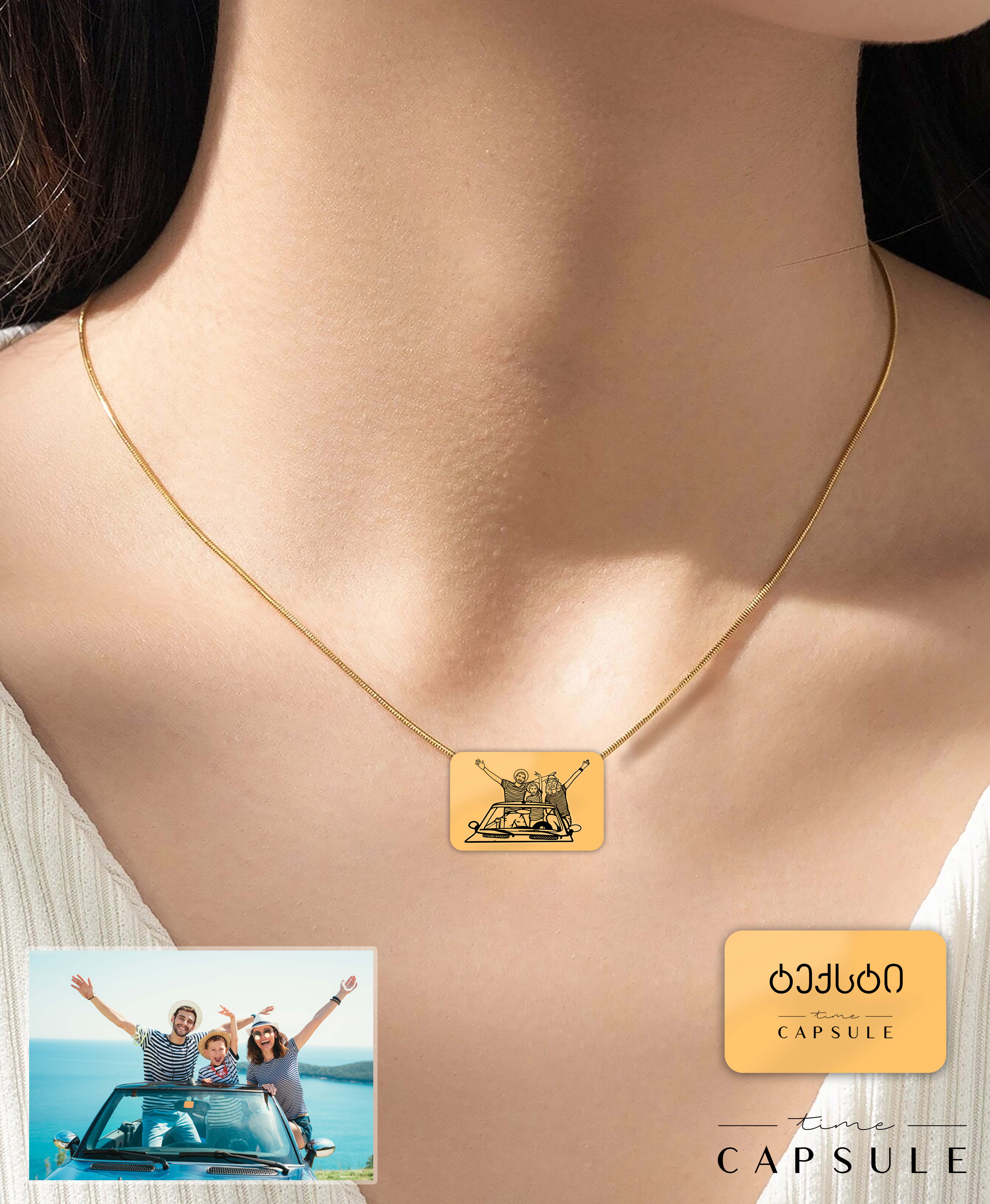 3 პერსონიანი მოოქროვილი ვერცხლის კულონი ფოტოპორტრეტიდან გრავირება უკან მართკუთხედ ფირფიტაზე