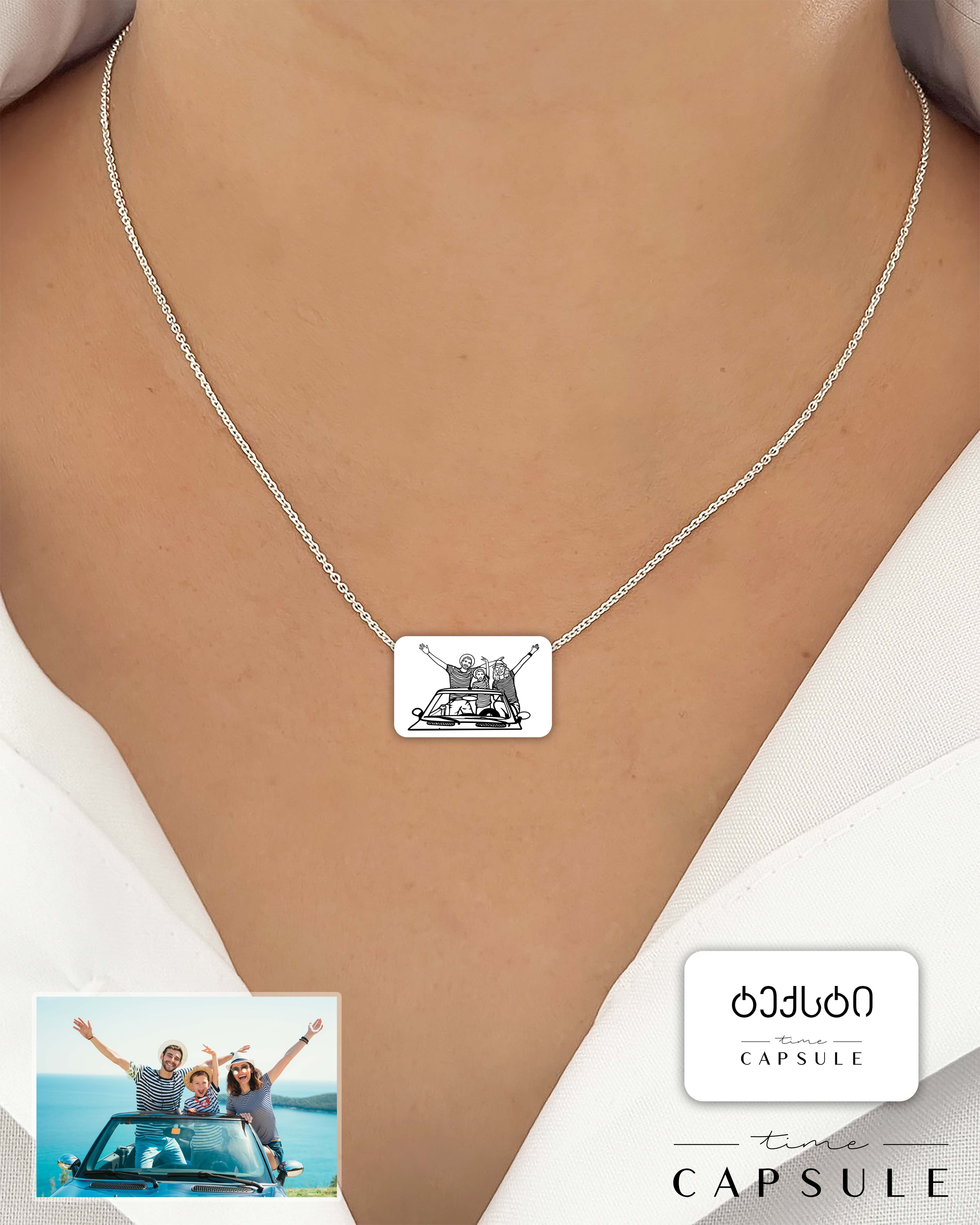 3 პერსონიანი მხოლოდ ვერცხლის კულონი ფოტოპორტრეტიდან გრავირება უკან მართკუთხედ ფირფიტაზე