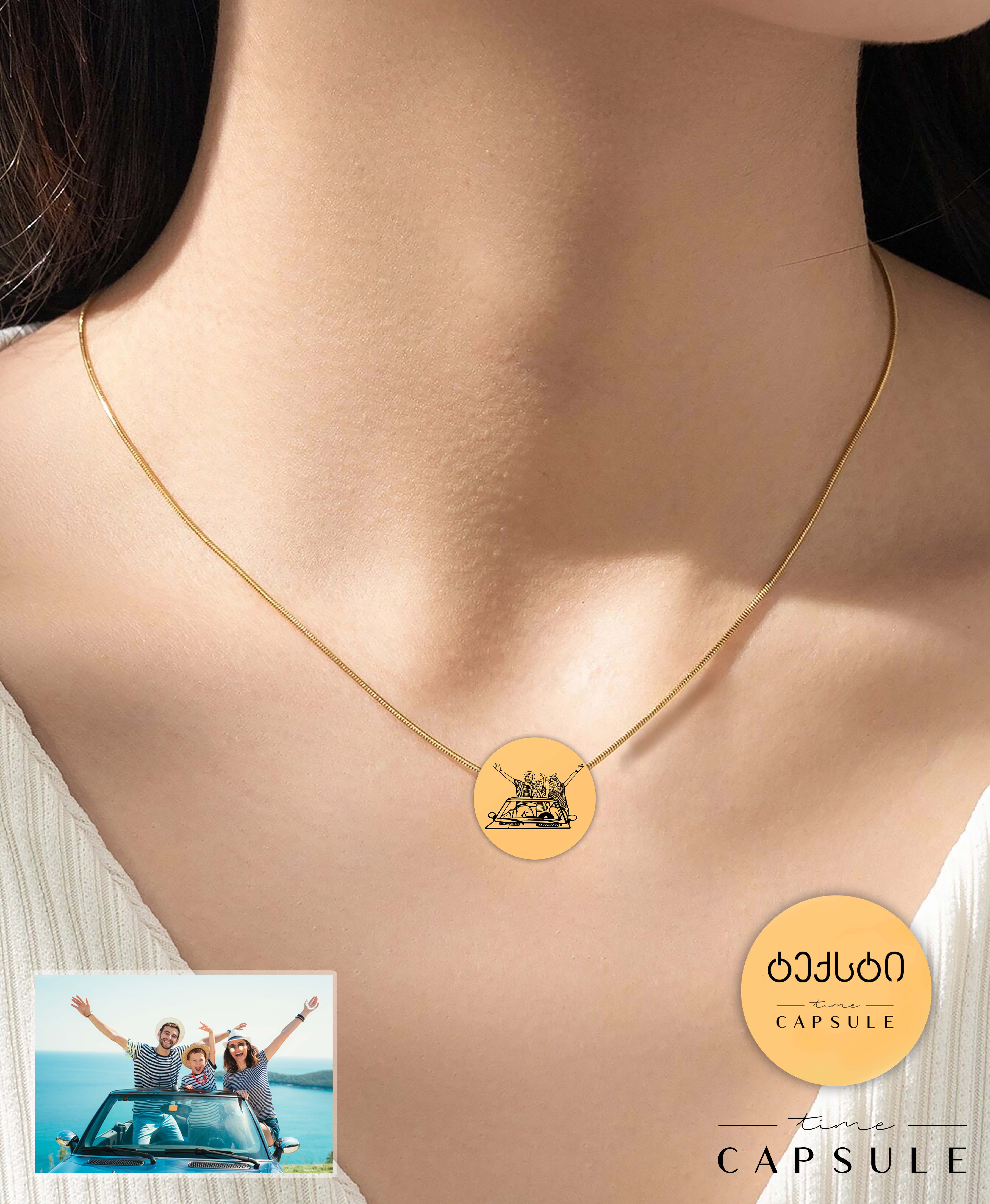 3 პერსონიანი მოოქროვილი ვერცხლის კულონი ფოტოპორტრეტიდან გრავირება უკან მრგვალ ფირფიტაზე