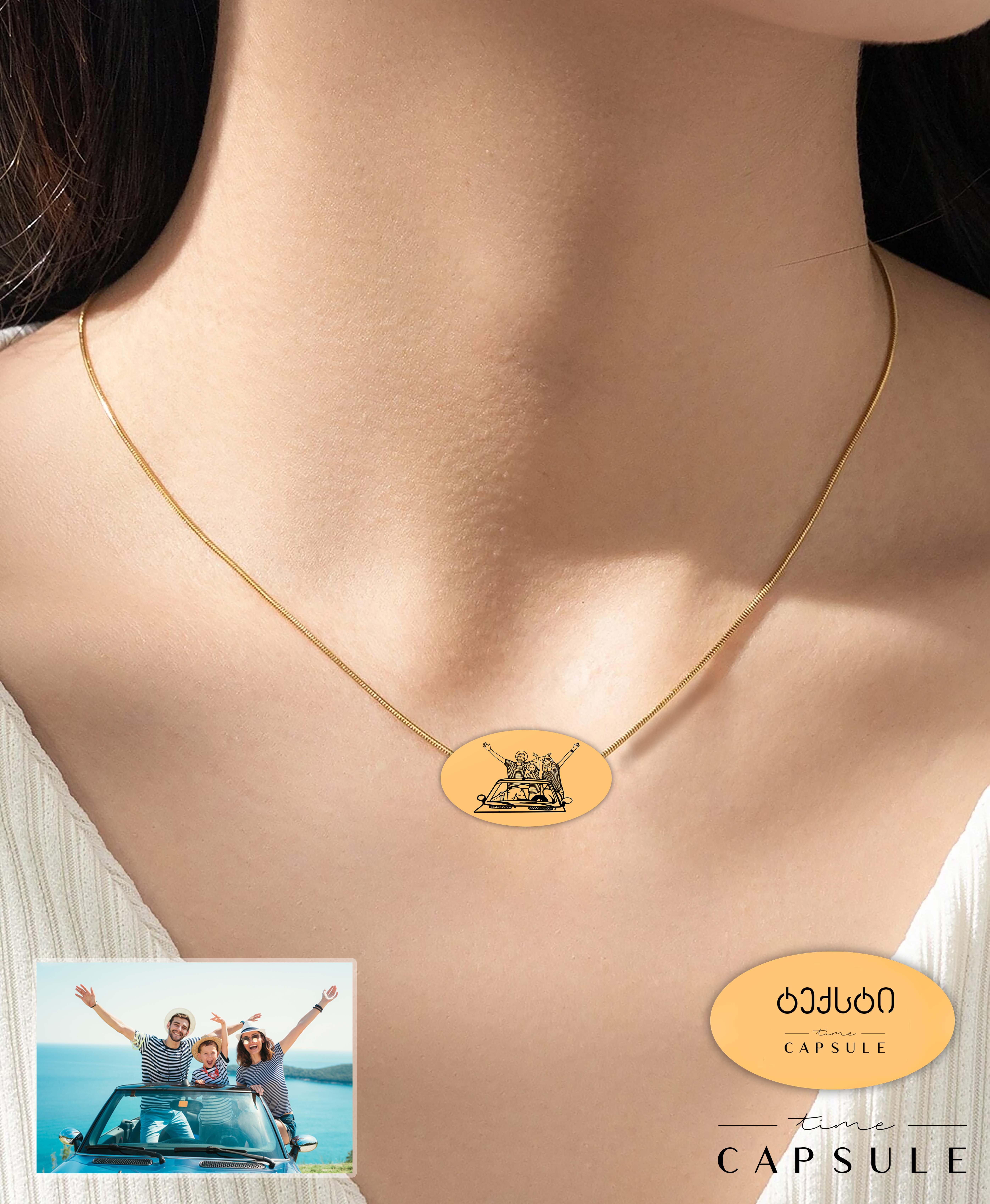 3 პერსონიანი მხოლოდ ვერცხლის კულონი ფოტოპორტრეტიდან მოოქროვება ოვალურ ფირფიტაზე, უკან გრავირება