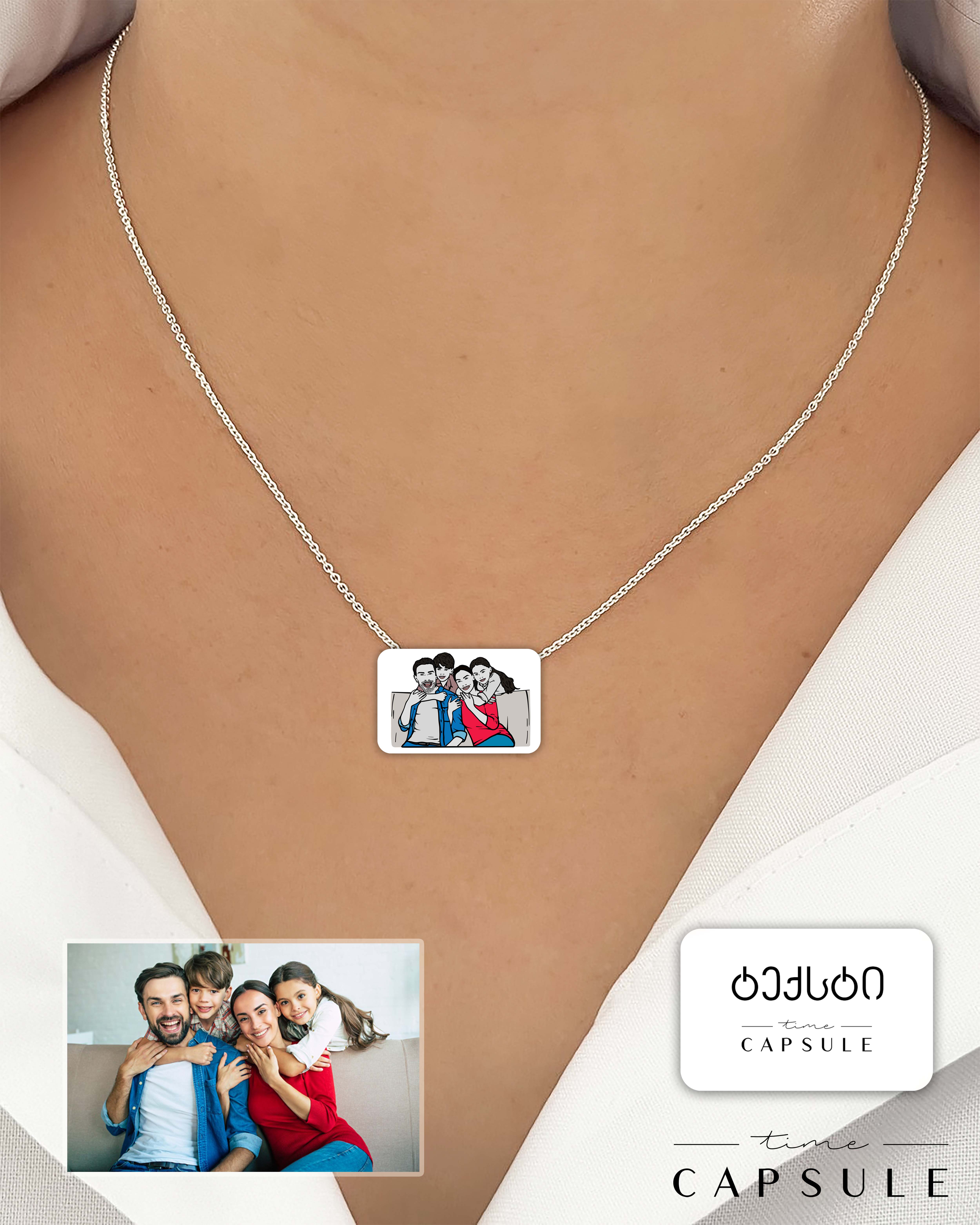 4 პერსონიანი ფერადი კულონი ფოტოპორტრეტიდან მართკუთხედ ფირფიტაზე გრავირება უკან