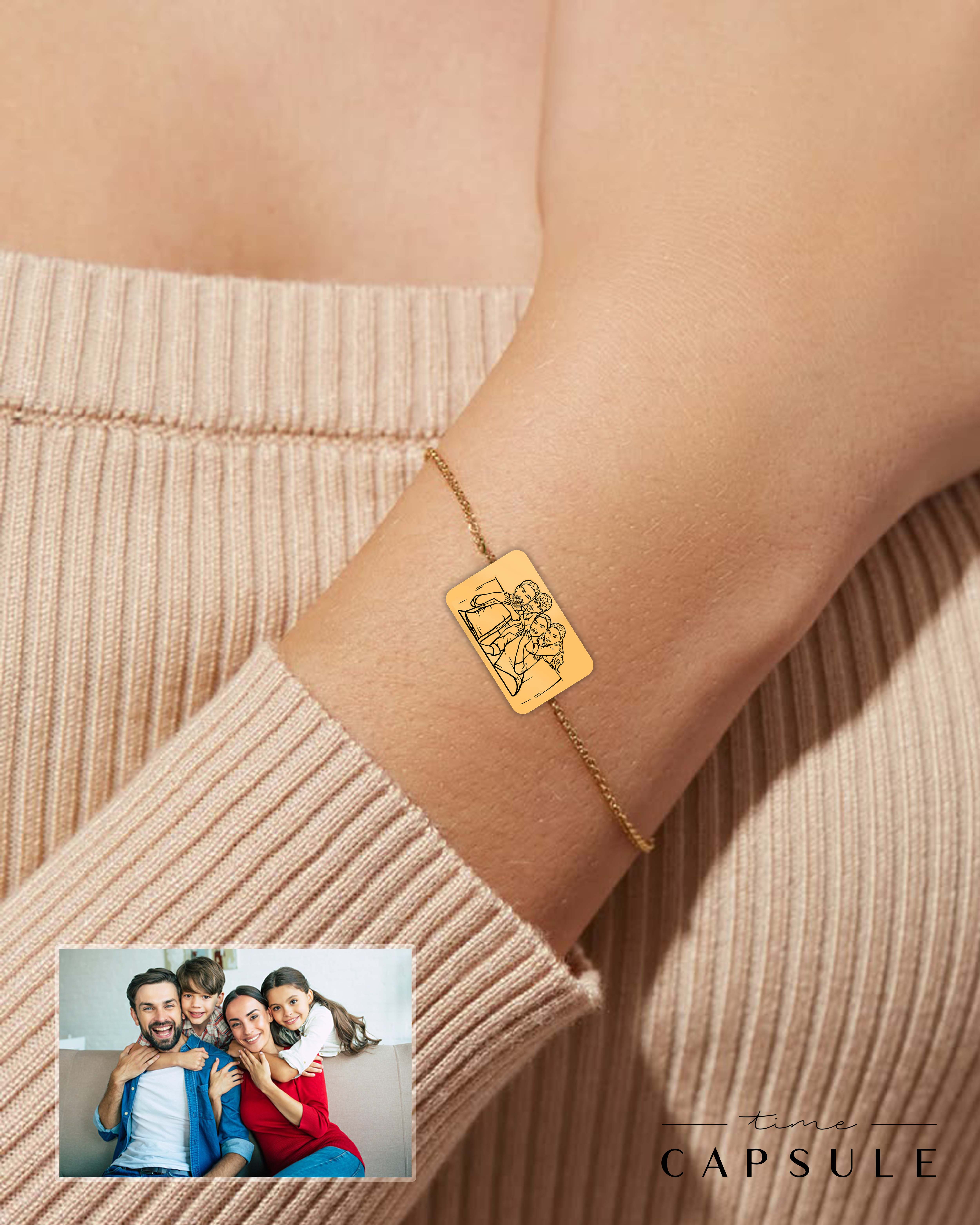 4 პერსონიანი მხოლოდ ვერცხლის სამაჯური ფოტოპორტრეტიდან მოოქროვება მართკუთხედ ფირფიტაზე