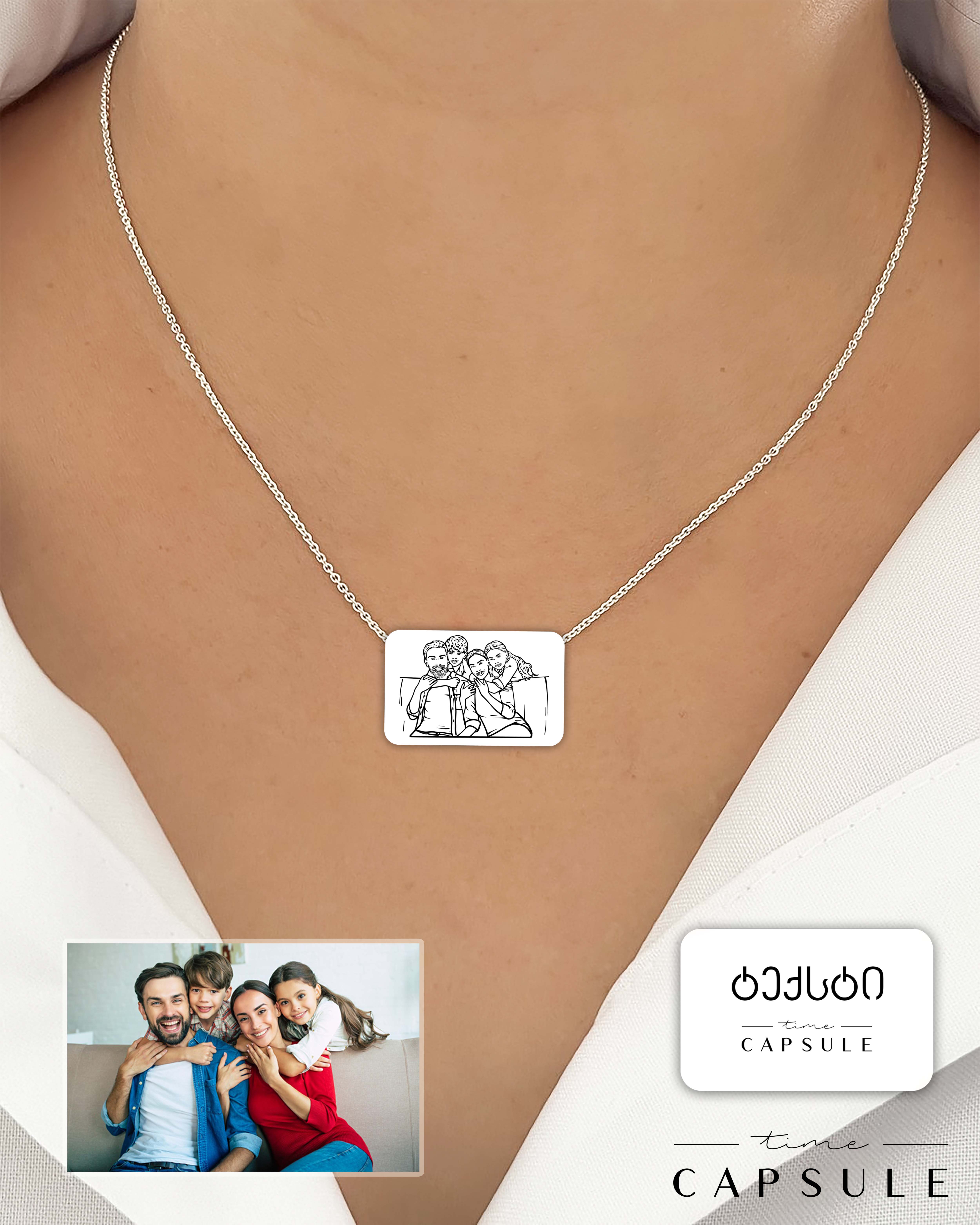 4 პერსონიანი მხოლოდ ვერცხლის კულონი ფოტოპორტრეტიდან გრავირება უკან მართკუთხედ ფირფიტაზე