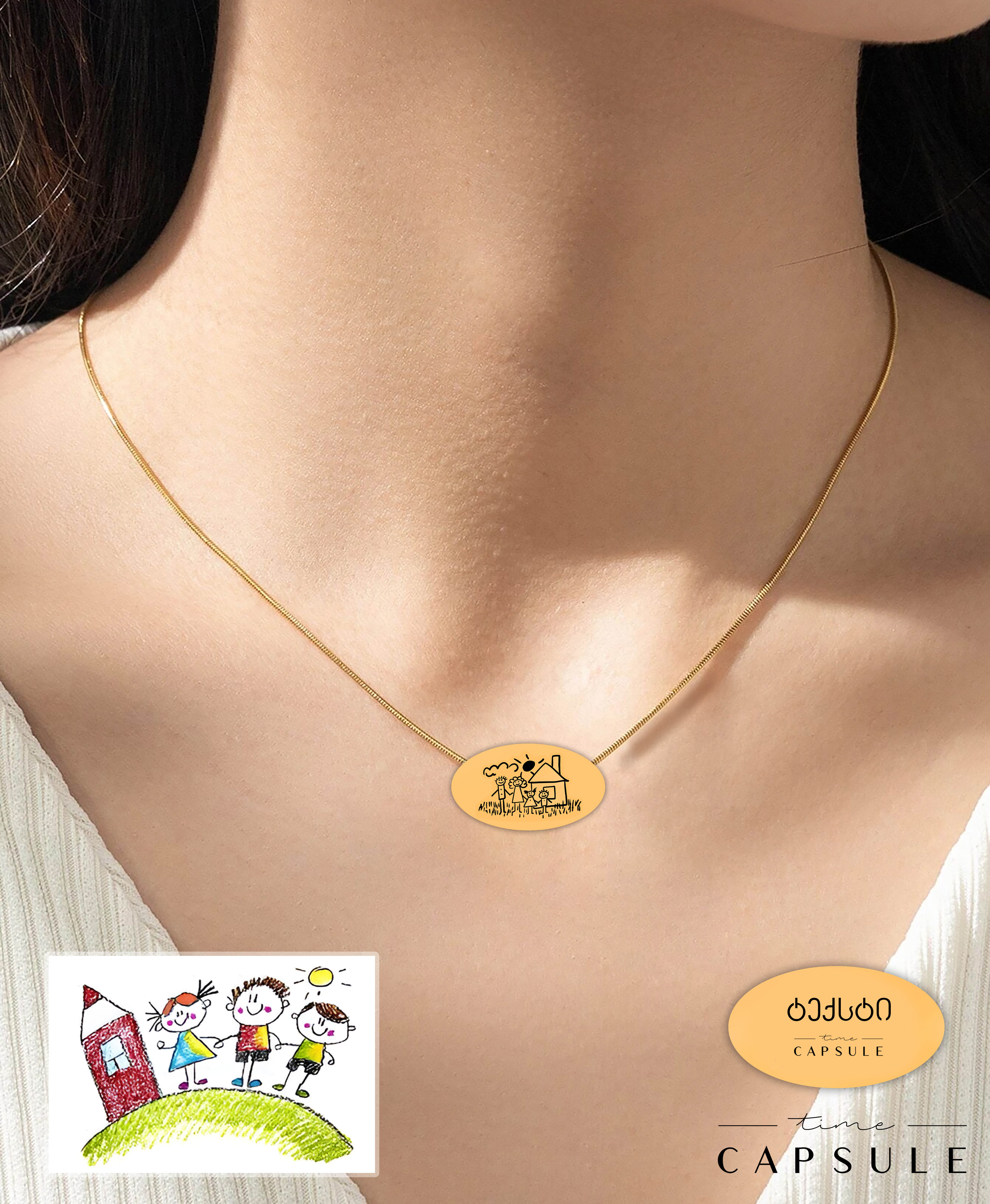 4 პერსონიანი მხოლოდ ვერცხლის კულონი ნახატიდან მოოქროვება ოვალურ ფირფიტაზე, უკან გრავირება