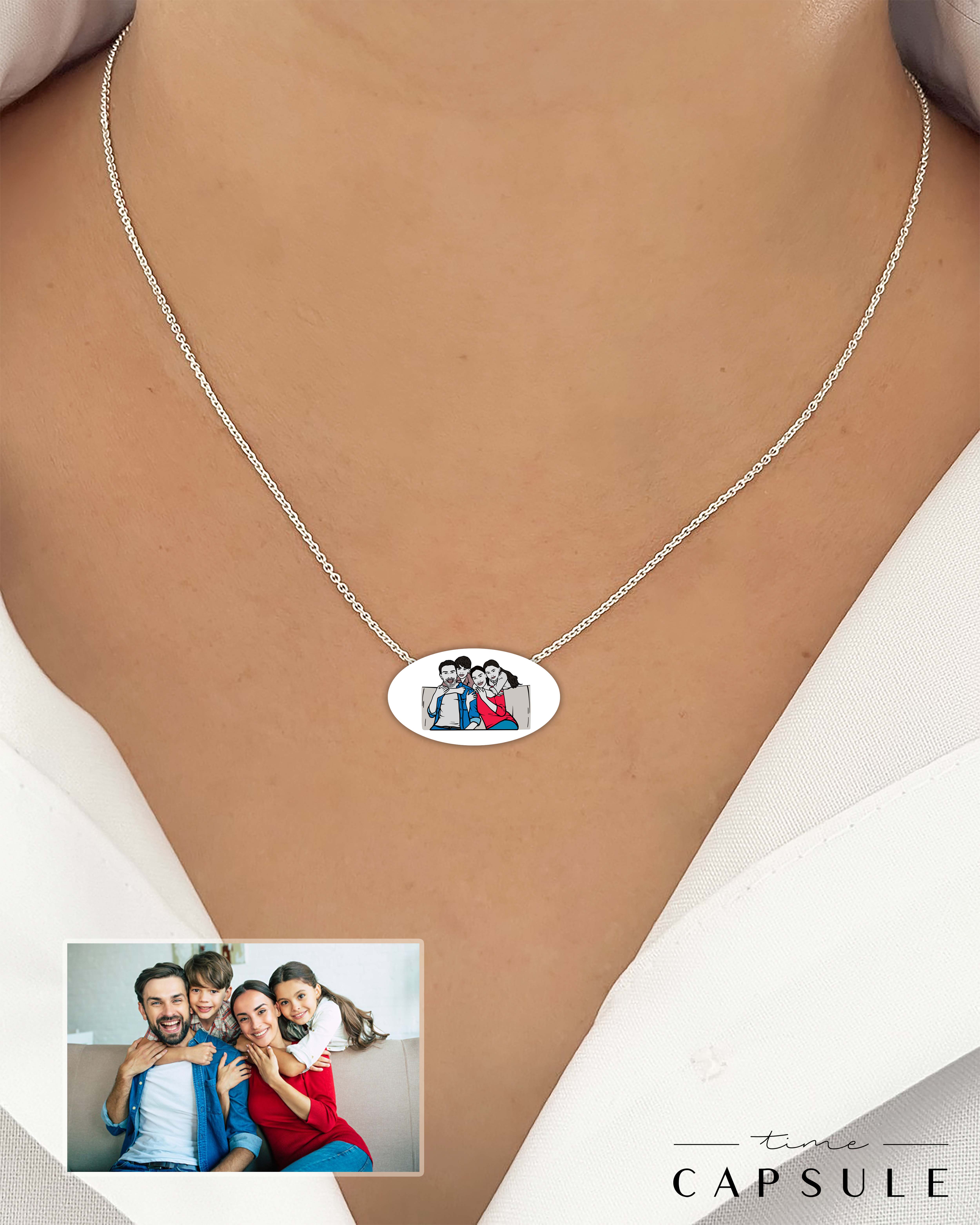 4 პერსონიანი ფერადი კულონი ფოტოპორტრეტიდან ოვალურ ფირფიტაზე