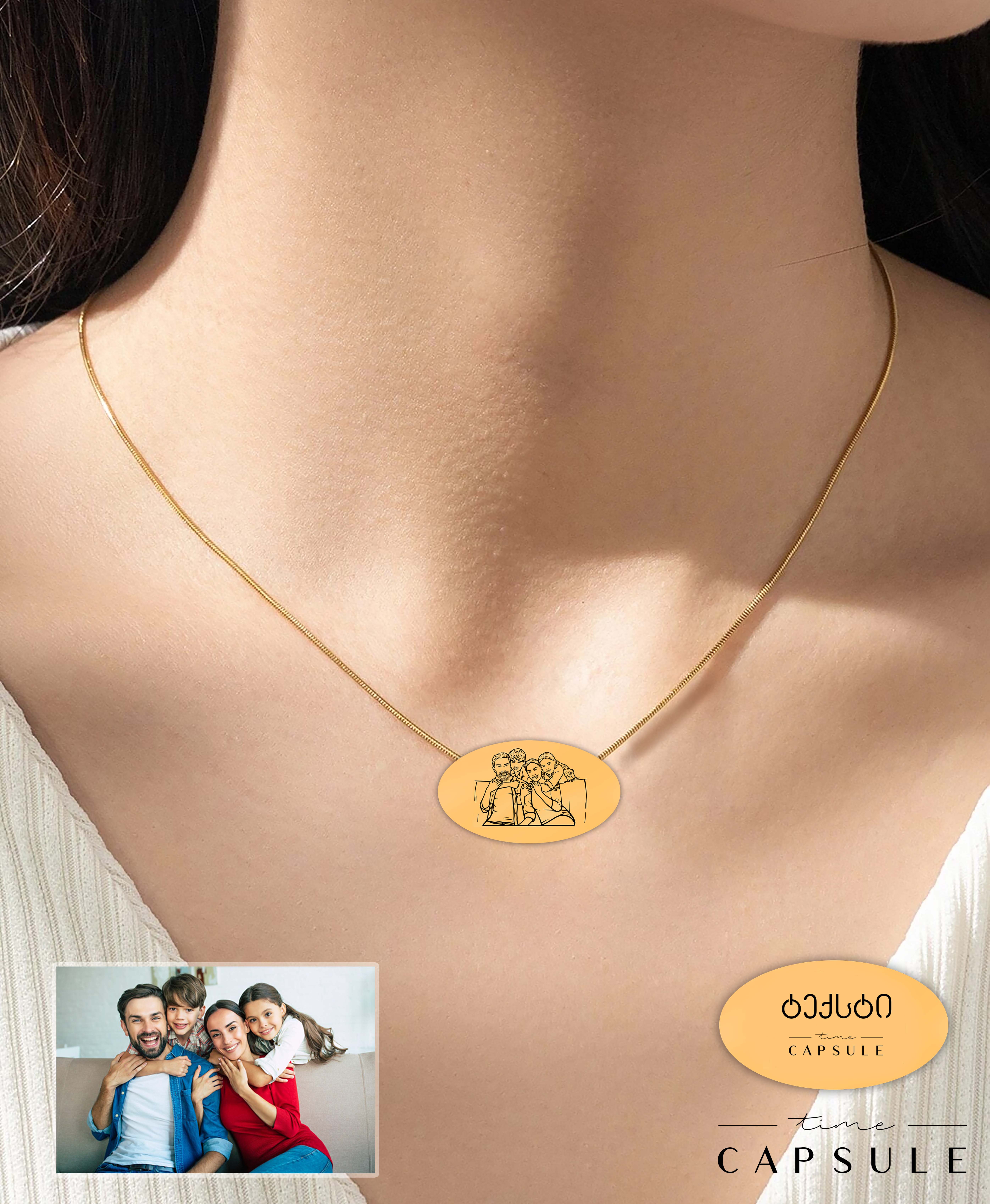 4 პერსონიანი მხოლოდ ვერცხლის კულონი ფოტოპორტრეტიდან მოოქროვება ოვალურ ფირფიტაზე, უკან გრავირება