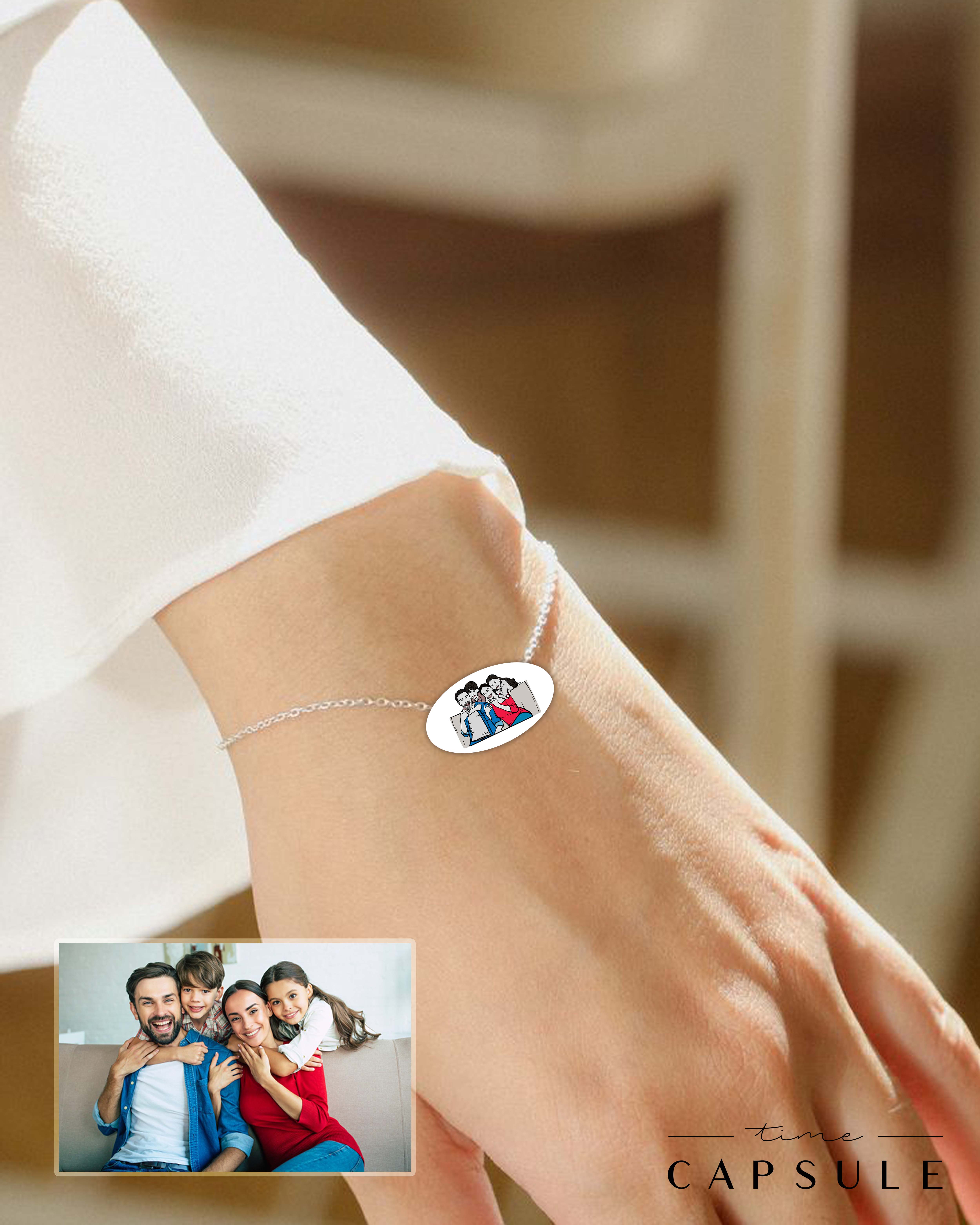 4 პერსონიანი ფერადი სამაჯური ფოტოპორტრეტიდან ოვალურ ფირფიტაზე