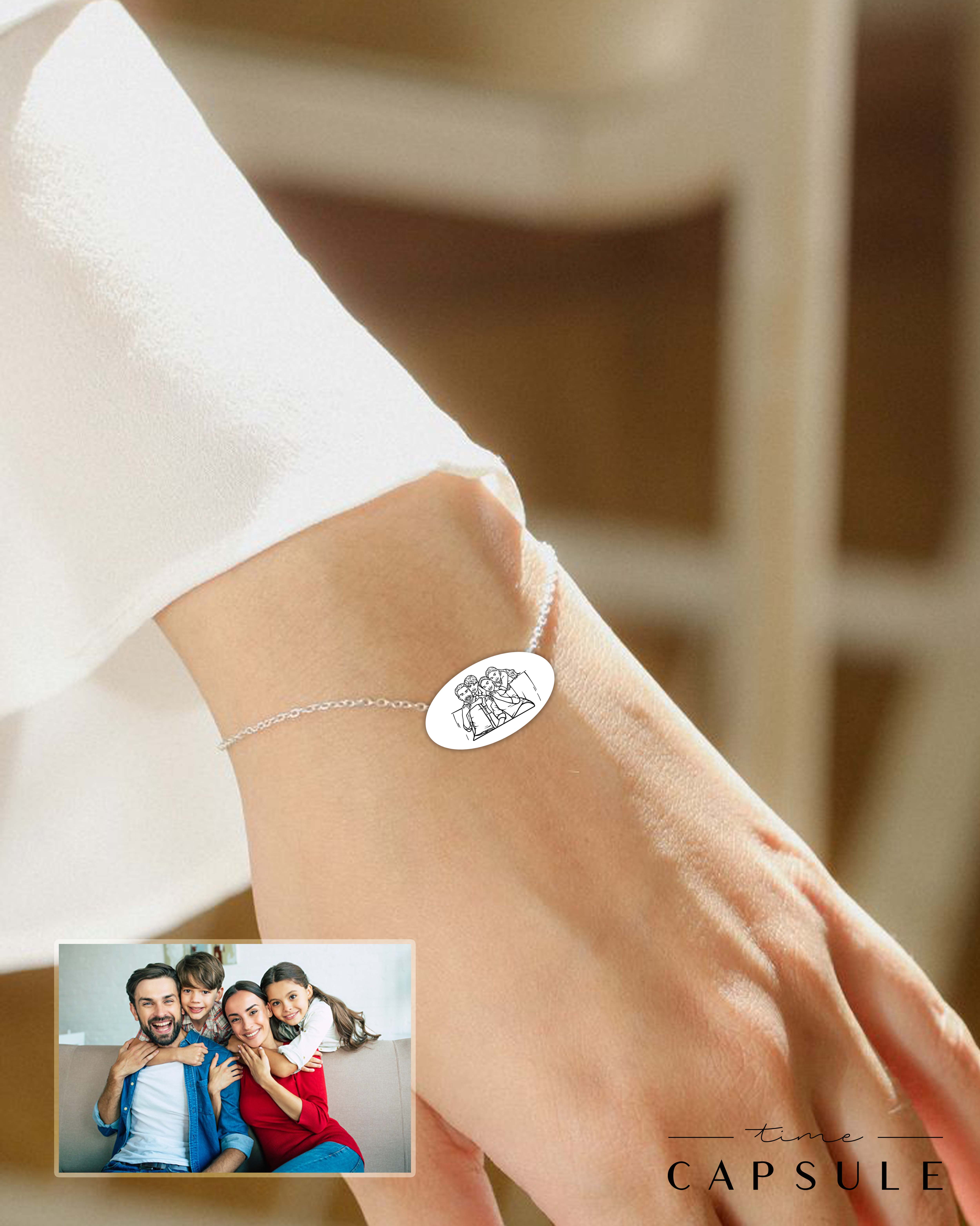 4 პერსონიანი მხოლოდ ვერცხლის სამაჯური ფოტოპორტრეტიდან ოვალურ ფირფიტაზე