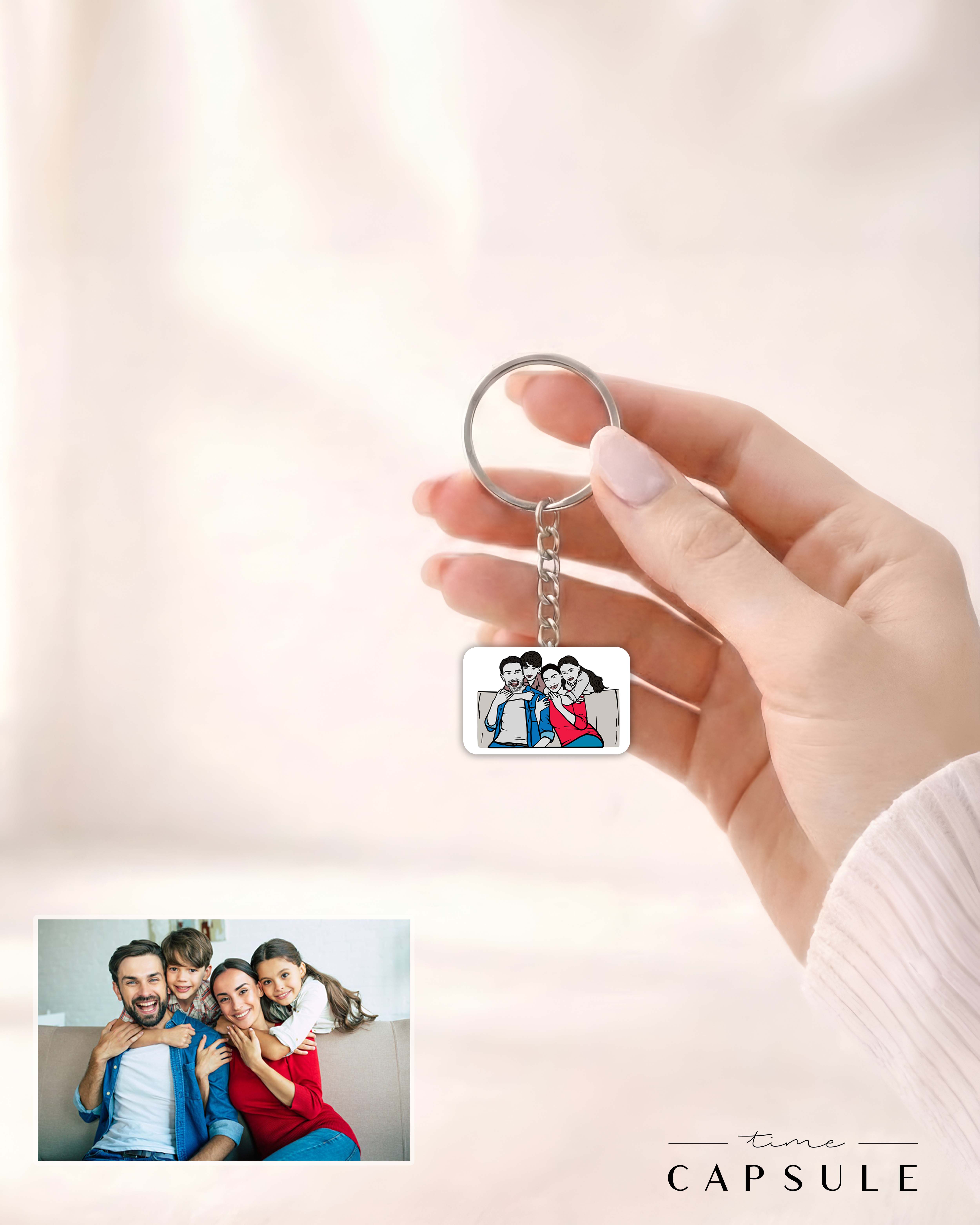 4 პერსონიანი ფერადი ბრელოკი ფოტოპორტრეტიდან მრგვალ ფირფიტაზე