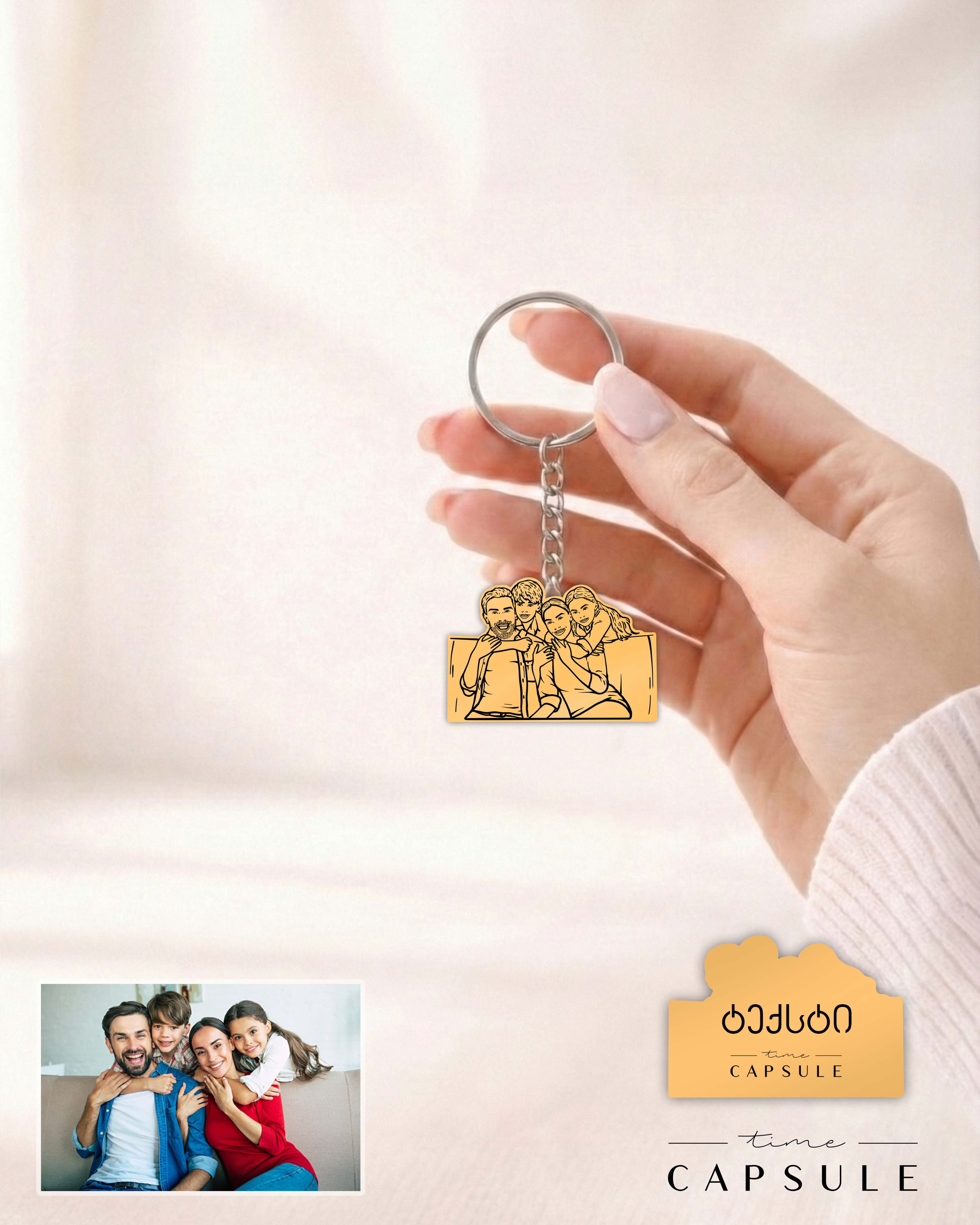 4 პერსონიანი მოოქროვილი ვერცხლის ბრელოკი ფოტოპორტრეტიდან გრავირებით