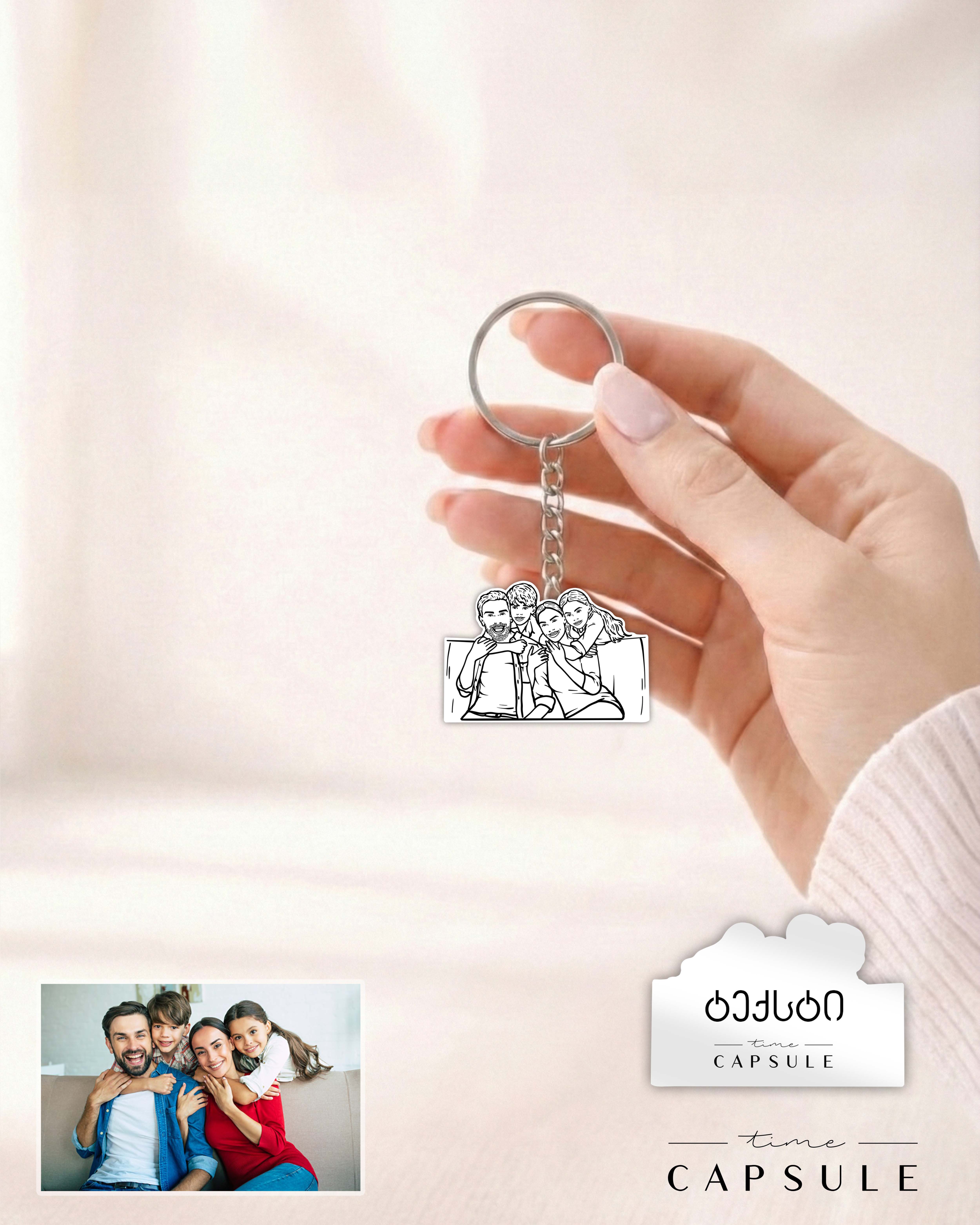 4 პერსონიანი ვერცხლის ბრელოკი ფოტოპორტრეტიდან გრავირებით