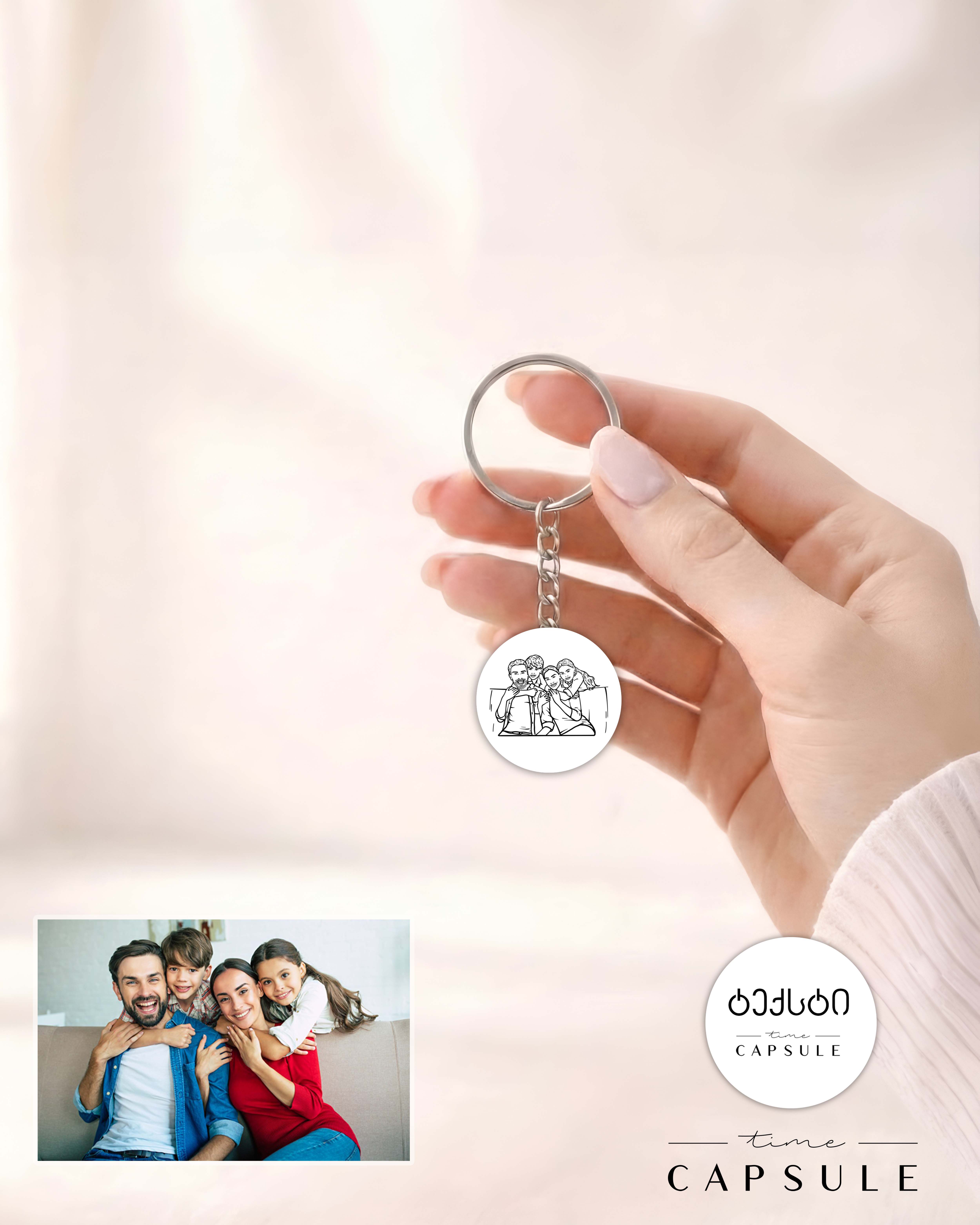 4 პერსონიანი მხოლოდ ვერცხლის ბრელოკი ფოტოპორტრეტიდან გრავირება უკან მრგვალ ფირფიტაზე