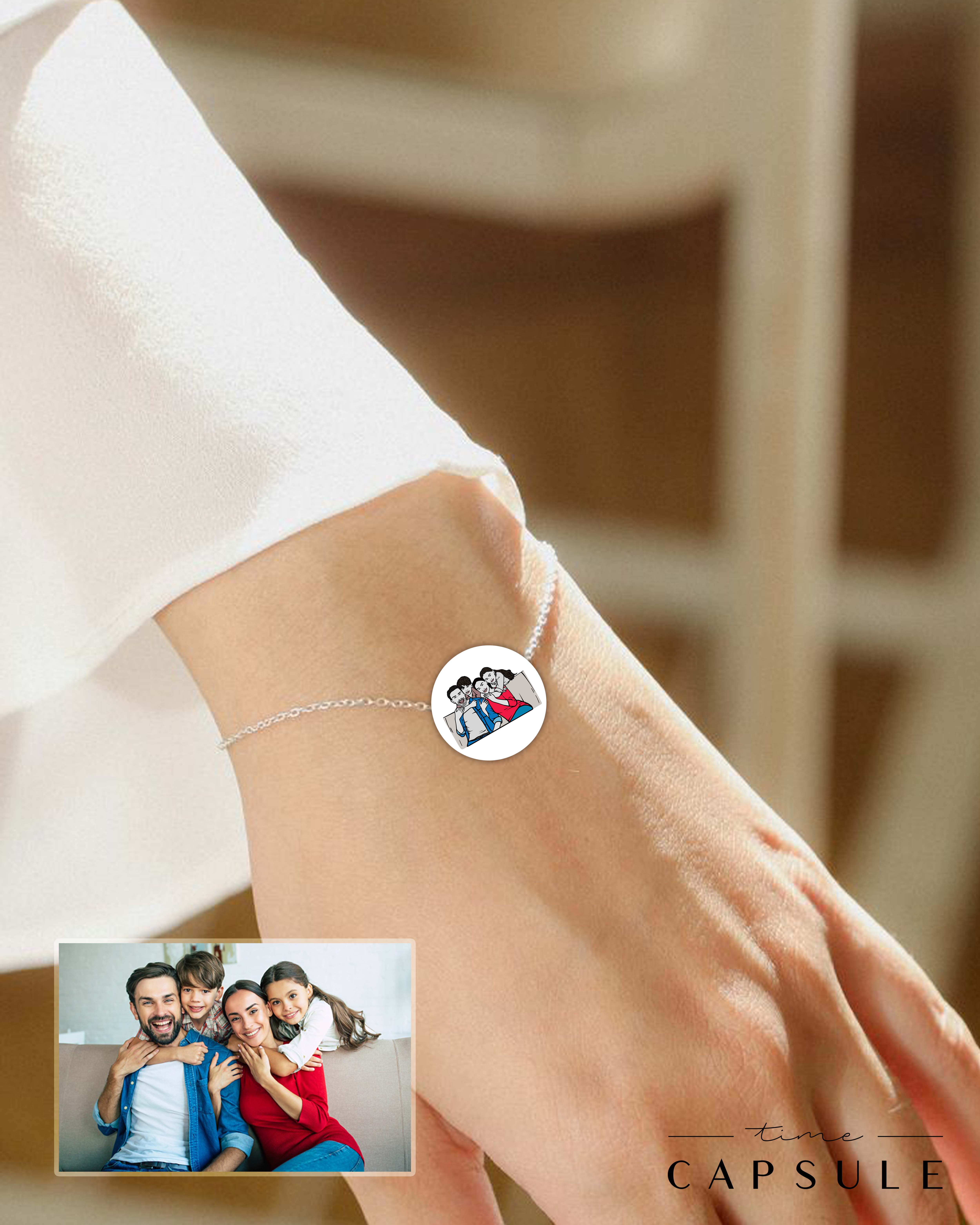 4 პერსონიანი ფერადი სამაჯური ფოტოპორტრეტიდან მრგვალ ფირფიტაზე