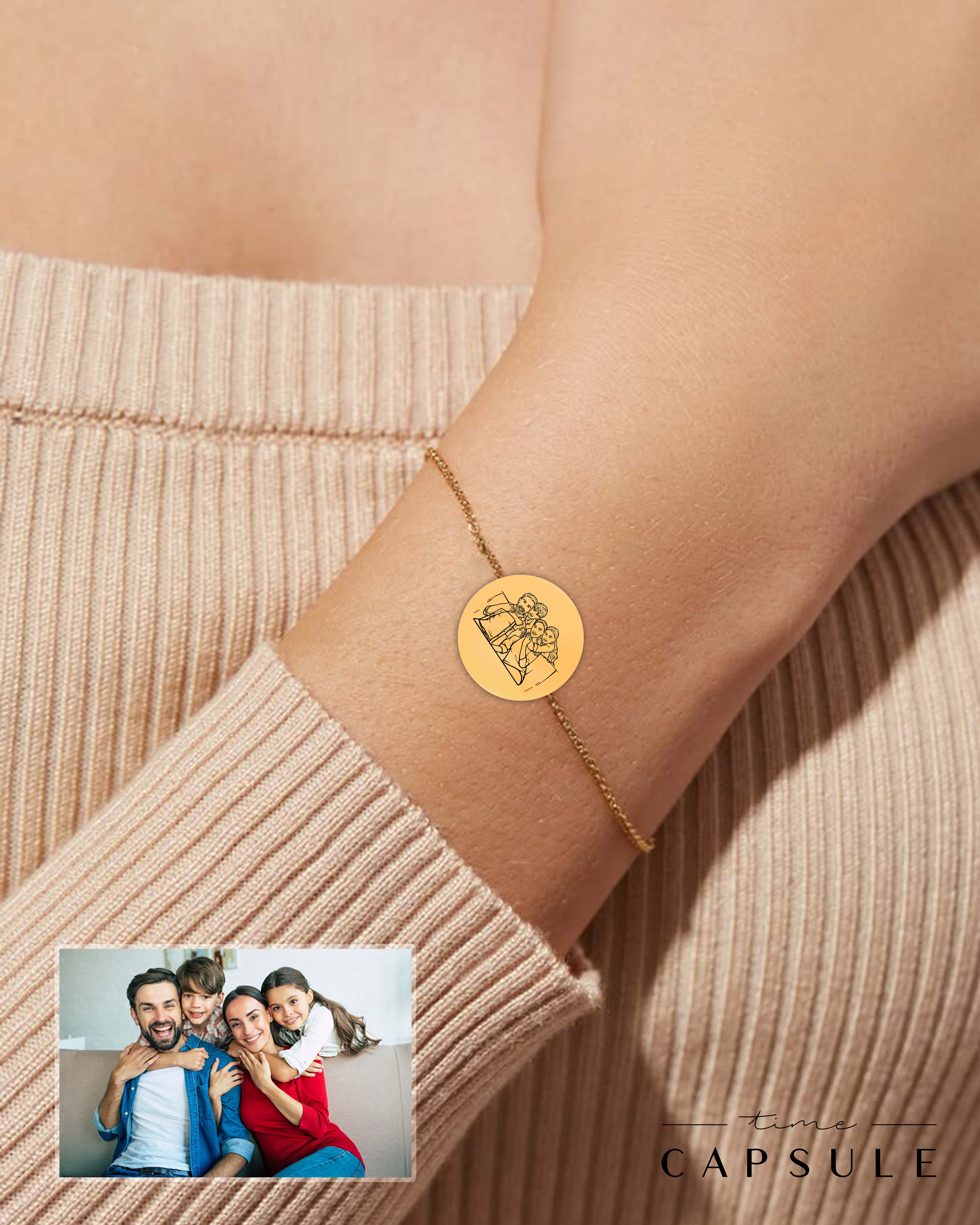 4 პერსონიანი მხოლოდ ვერცხლის სამაჯური ფოტოპორტრეტიდან მოოქროვება მრგვალ ფირფიტაზე